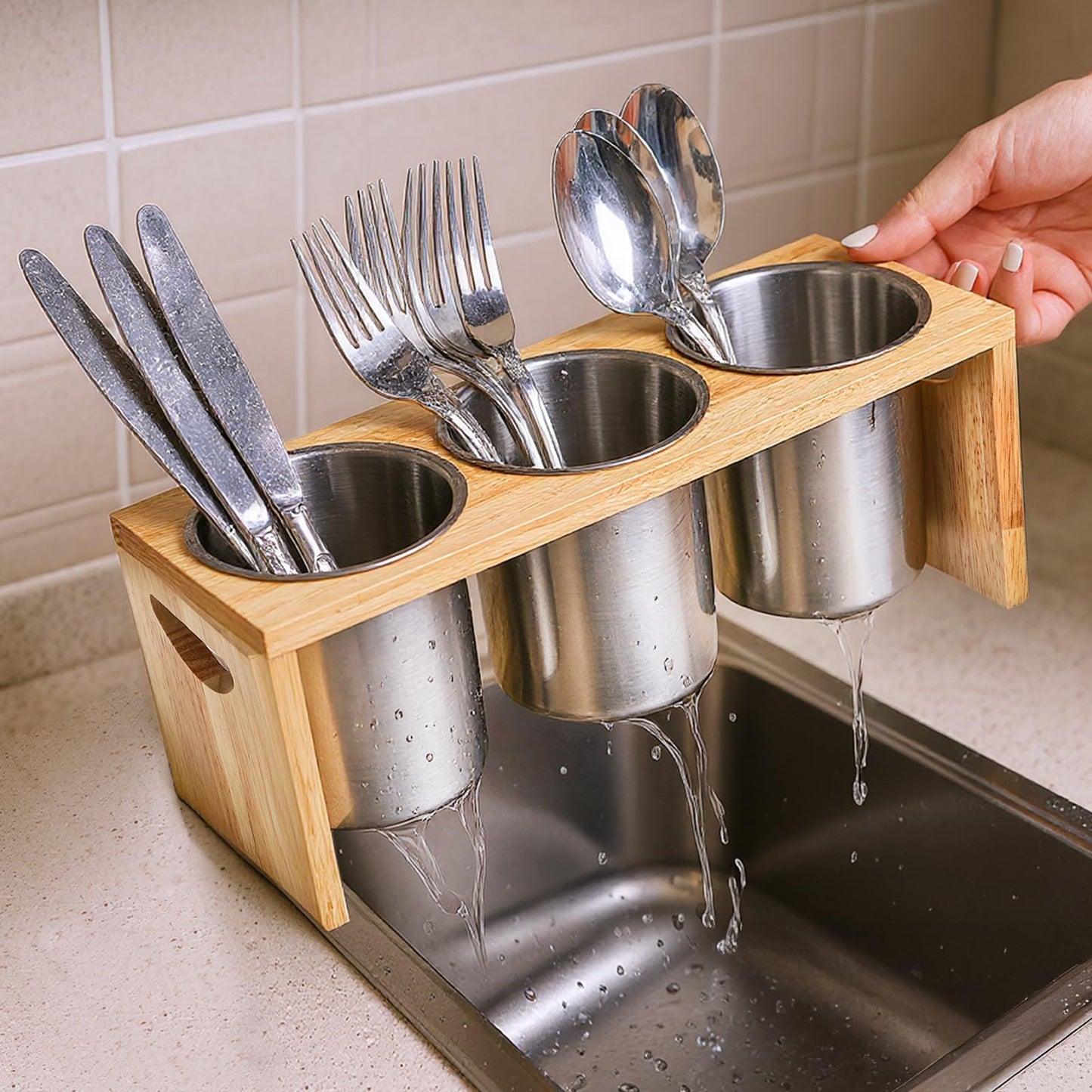 ZOOFOX 3 Pack Silverware Holder, Stainless Steel Utensil Organizer with Wood Base, Flatware Caddy for Spoons, Knives and Forks, Great for Kitchen Table, Cabinet, Pantry