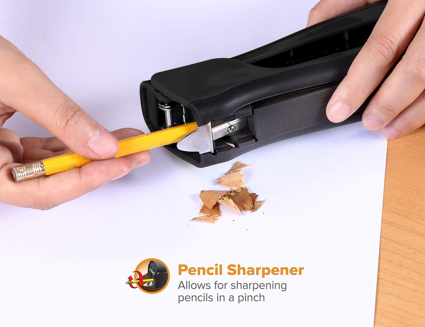Bostitch Office Eco-Friendly Dynamo 4 in 1 Standup Stapler, Includes 420 Staples, 20 Sheet Capacity, Integrated Pencil Sharpener, Staple Remover & Staple Storage, Black