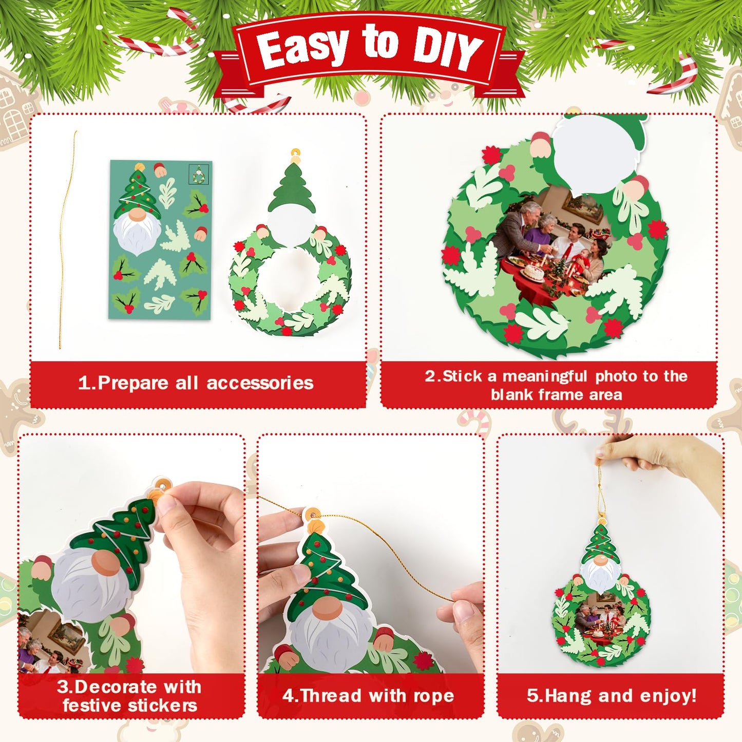 VABAMNA 28 Pack Christmas Picture Frame Craft Kit for Kids, Christmas Wreath Kit DIY Photo Frame Paper Crafts Gingerbread Snowman Hanging Ornaments for Xmas Tree Winter Art Home Classroom Activities