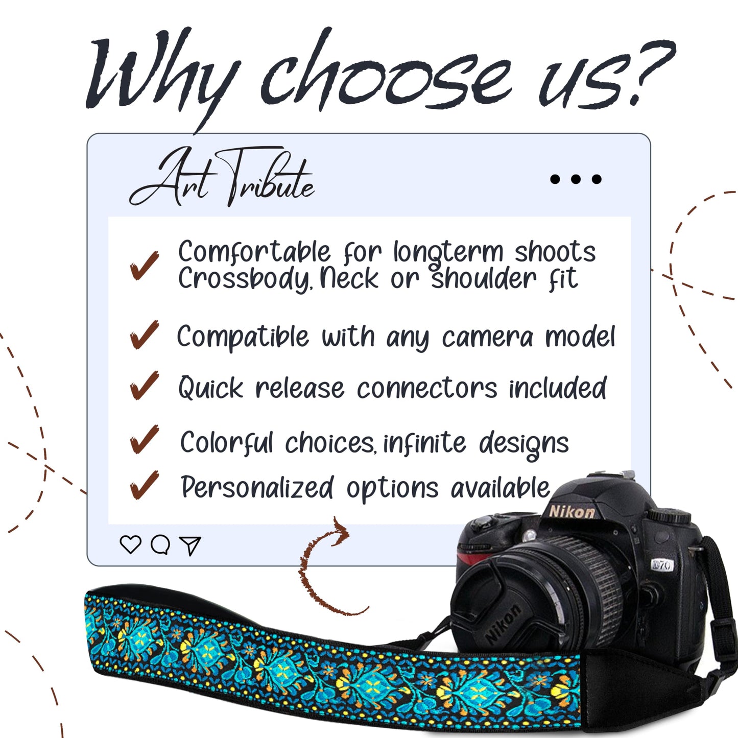 Art Tribute Camera Strap For Photographers Padded Universal Fit Neck Shoulder & Crossbody Strap Quick Release For DSLR/SLR/Mirrorless Canon Nikon Sony Olympus Compatible Great Gift for Photographers