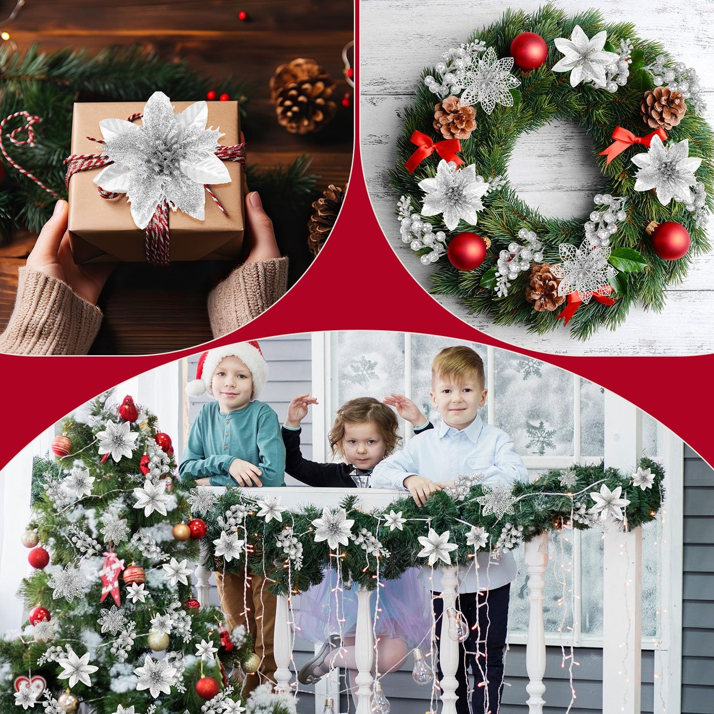 Zeyune 48 Pcs 3 Styles Christmas Glitter Poinsettia Flowers Artificial Berry Picks Artificial Christmas Flowers with Clips for Xmas Tree Wedding Wreath Holiday Party Decorations(Silver)