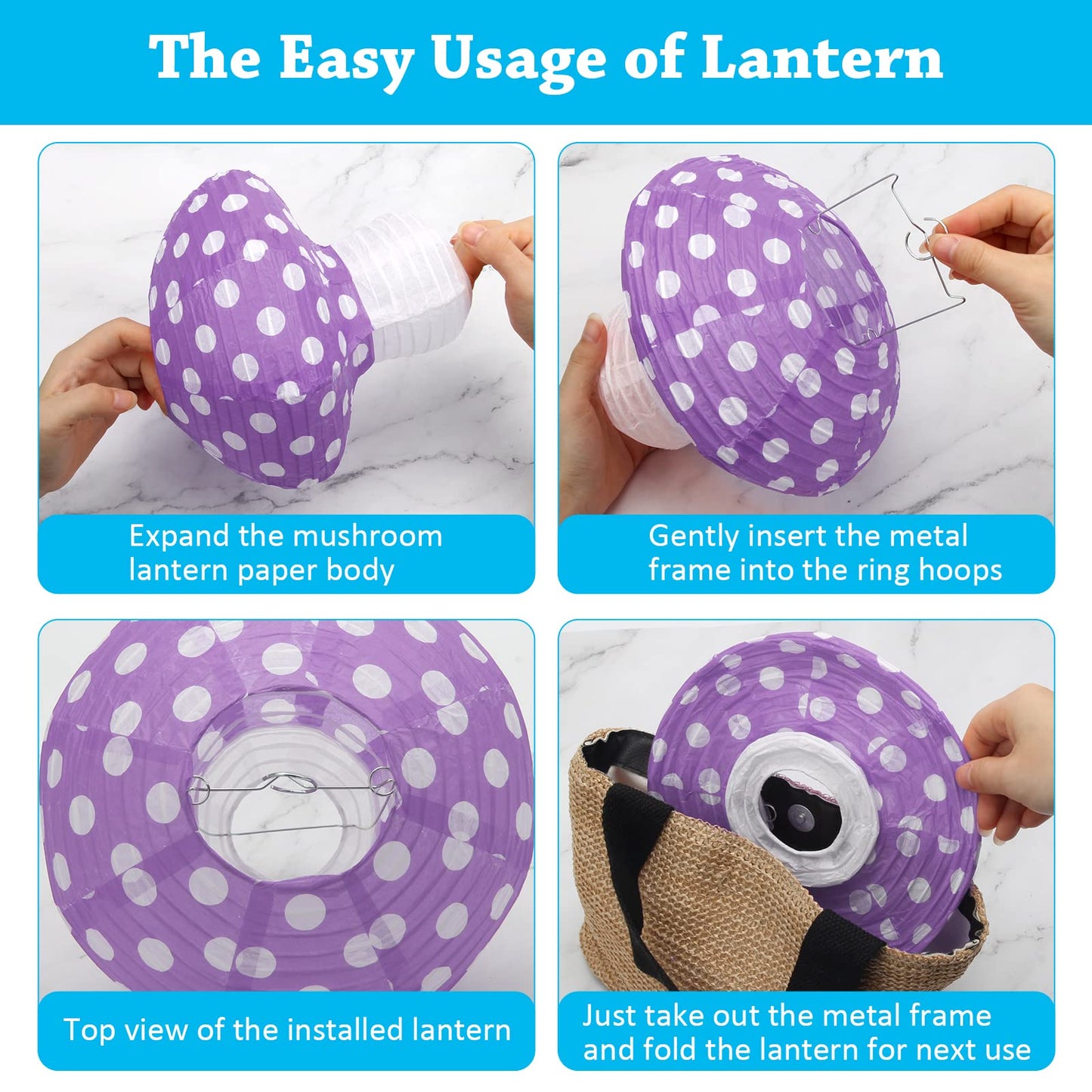 4Pcs Mushroom Shaped Paper Lanterns, Windspeed Large Paper Lantern Mushroom Shaped Paper Lantern For Nursery Garden Christmas Party Decoration 8 inch, 12 inch (Purple)