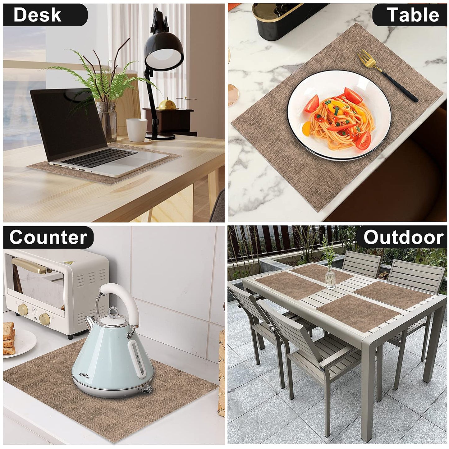 LANDVIEW Leather Heat Resistant Placemats Set of 6 Waterproof Wipeable Washable PU Table Mats,Easy to Clean Anti-Slip (6, Dark Brown)