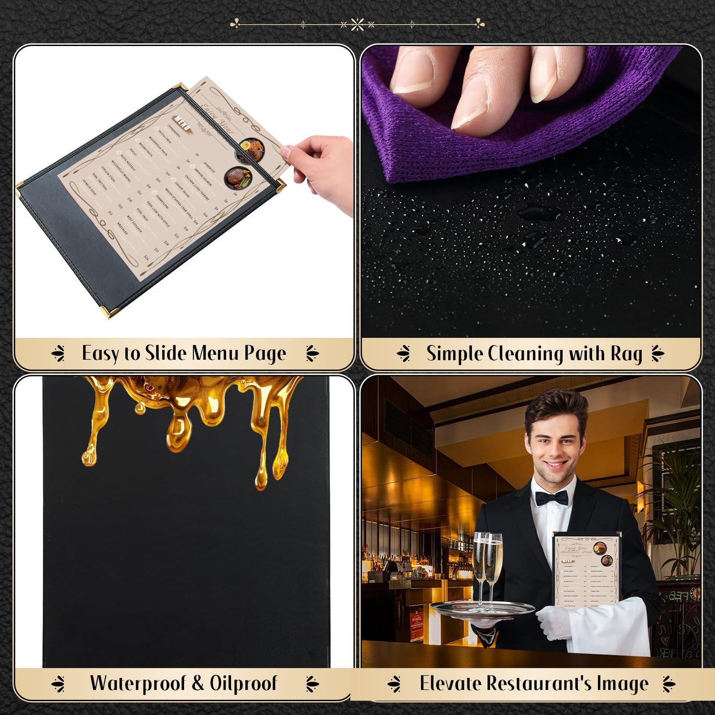 FLKQC Restaurant Menu Covers 8.5 x 11" with PVC Cover, 12 Pack Synthetic Leather Menu Holder Covers with Protective Layer, Book Style, Black, Perfect for Wine List, Laminated Menu Covers (12, 1 Page)