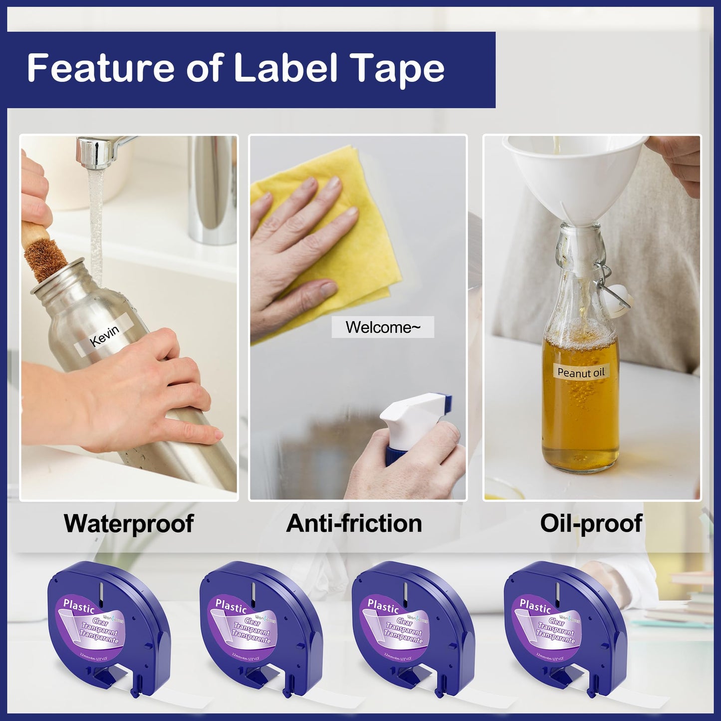 Label Maker Clear Tape Replacement for Dymo Label Maker Refills Clear 1/2'' x 13', Compatible with Dymo Letratag Refills Transparent Plastic Tape Work with LT-100T LT-100H QX50, 4-Pack