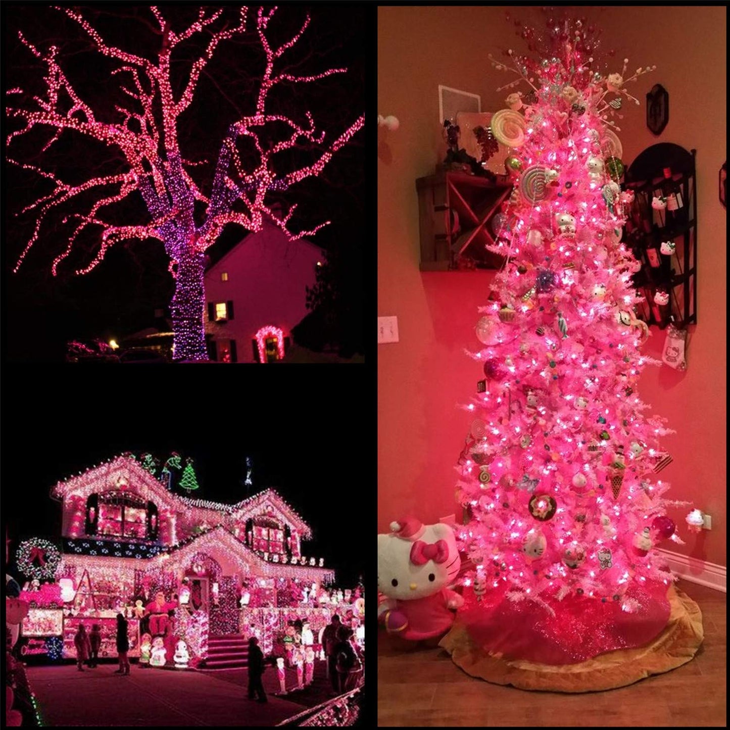 YULETIME 100 ft 300 Count Pink LED String Lights with 8 Models Adapter, Clear Wire Wide Angle 5mm Christmas Lights (Pink - Multimode)