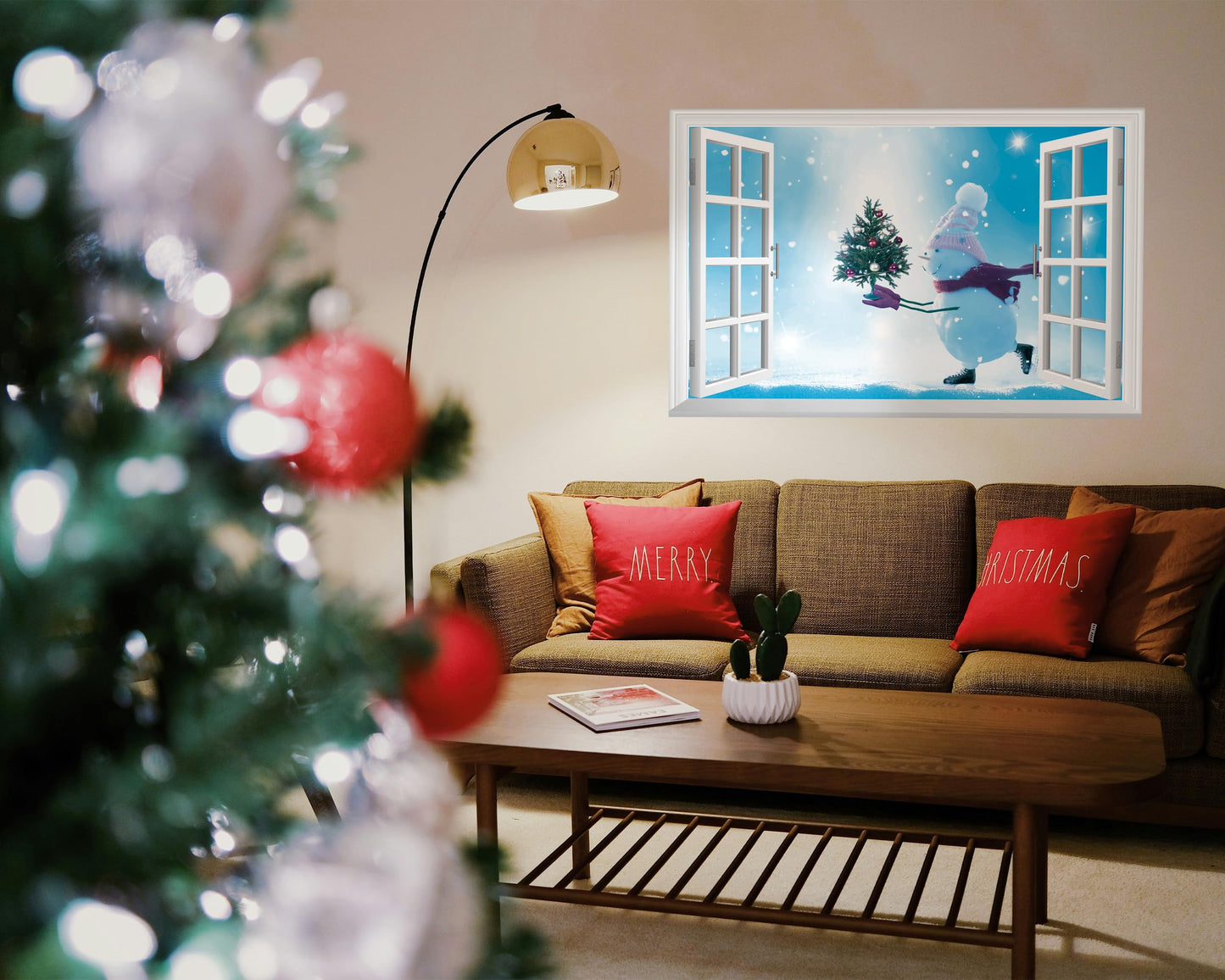 FLFK Fake Window Wall Mural - Snowman Holding a Christmas Tree Faux Window Wall Sticker for Wall Decor, Peel and Stick Wall Decals,48"x32",Set of 2 Sheets