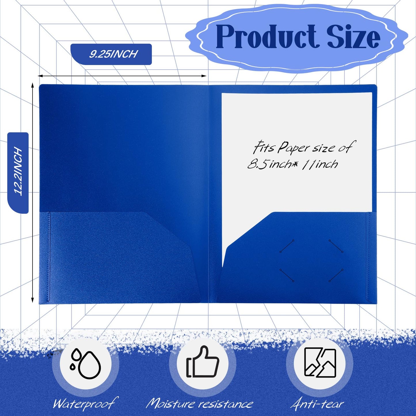 Patelai 50 Pack Plastic Folders with Pocket Bulk 2 Pocket Heavy Duty Letter Size Folders Business Card Holder for School Office File(Blue)