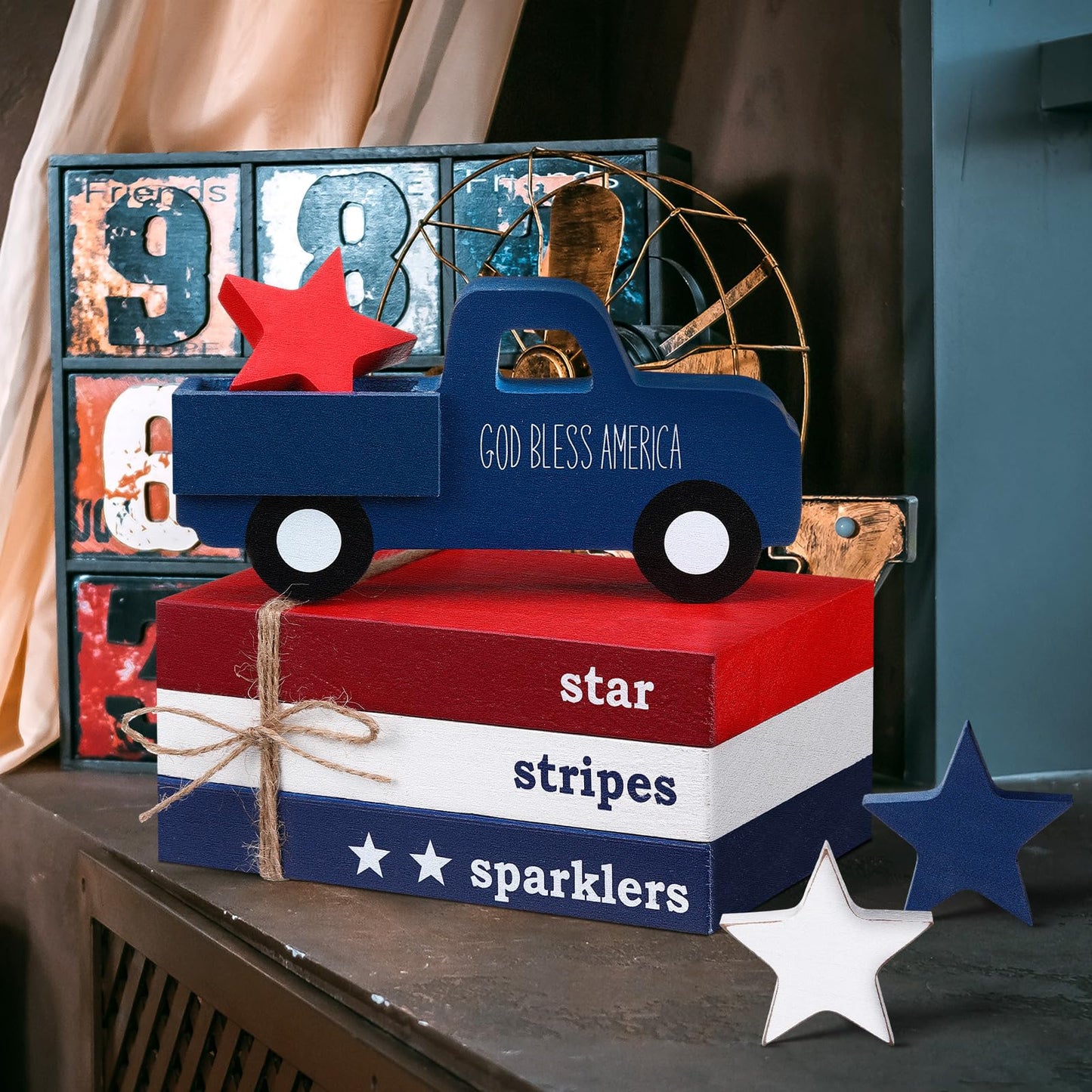 DoubleFill 7 Pcs 4th of July Decoration Patriotic Red White Blue Tiered Tray Decor 250th Anniversary Table Decor Centerpiece American Wood Faux Book Sign for Memorial Veterans Day Rustic Home Shelf