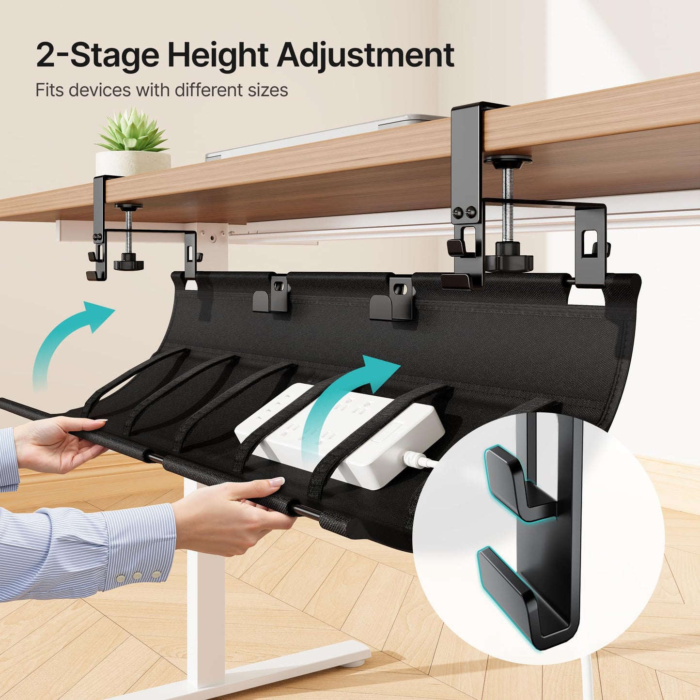 PEGZONE No Drill Under Desk Cable Management Tray, 31.5" Cord Management Under Desk for Table, Clamp Mount Desk Cable Management, Premium Fabric Wire Management Tray for Office, Home