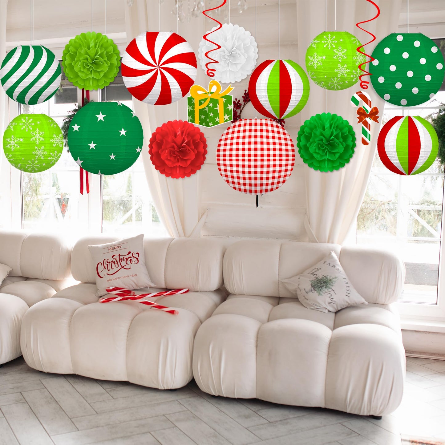 Renbuzhu 15PCS Christmas Decorations Ornaments Set – 9 Red White Green Paper Lanterns, 4 Pom Poms, 2 Hanging Swirls for Indoor, Home, Xmas Party, Porch Decor