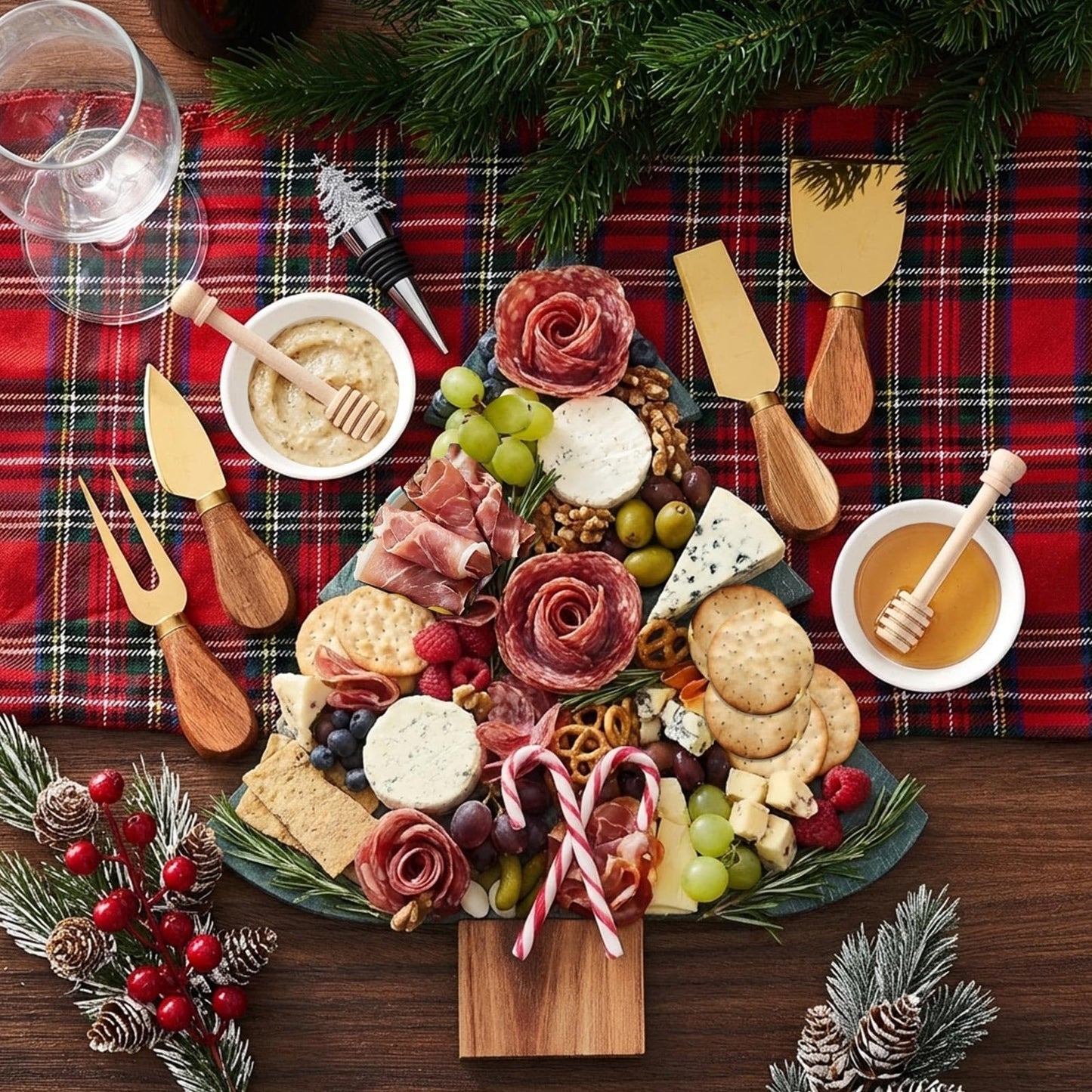 10 Pcs Christmas Tree Charcuterie Board Gift Set with Marble Wood Cutting Serving Tray Cheese Knives Fork Honey Stick Wine Stopper Flavoring Dish Kitchen Utensils Gifts for Xmas Holiday Party Favor