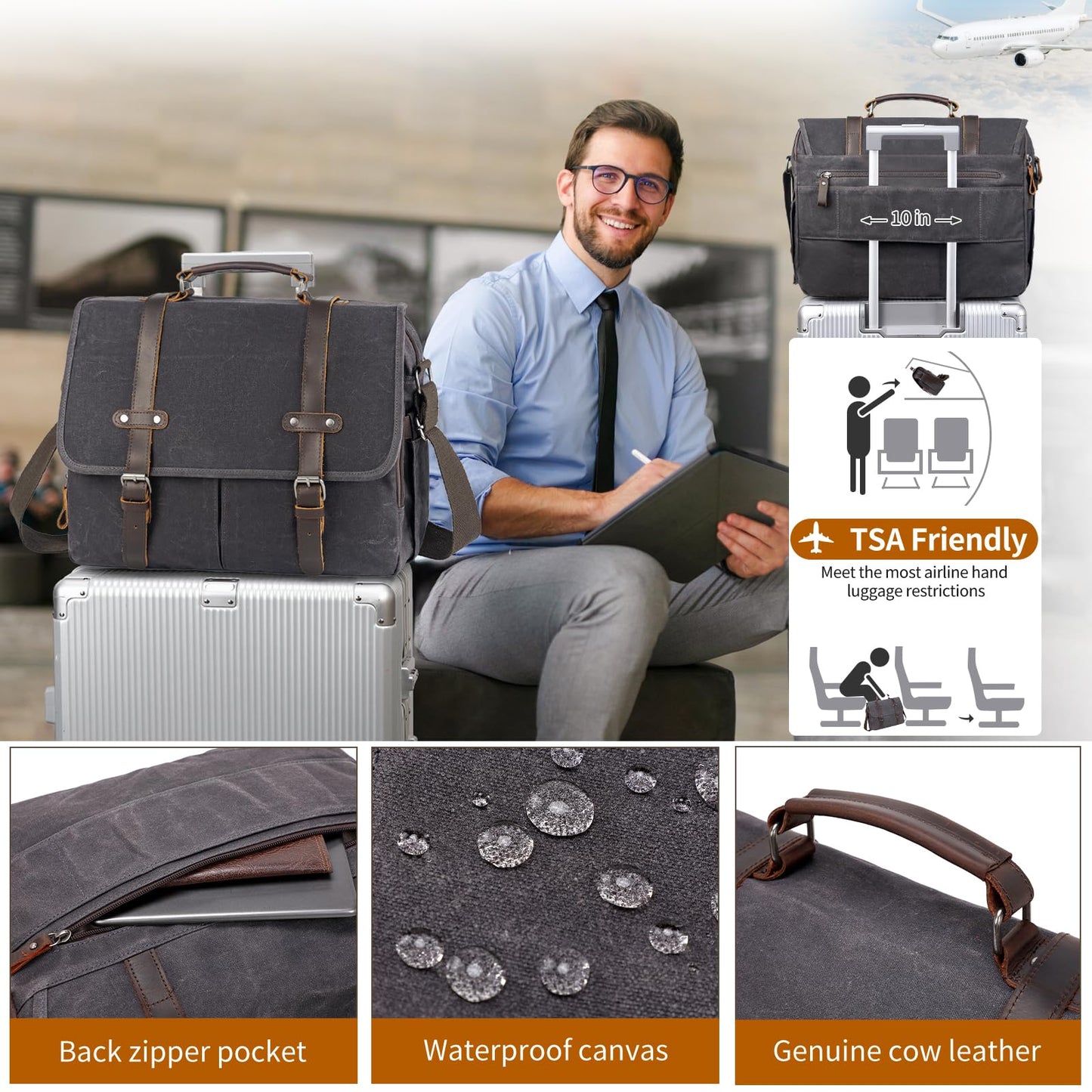 Wogarl 15.6 Inch Messenger Bag for Men Genuine Leather Waxed Canvas Briefcase Large Computer Laptop Bag, Satchel Shoulder Handbags Crossbody Bags for Work (Grey Black)