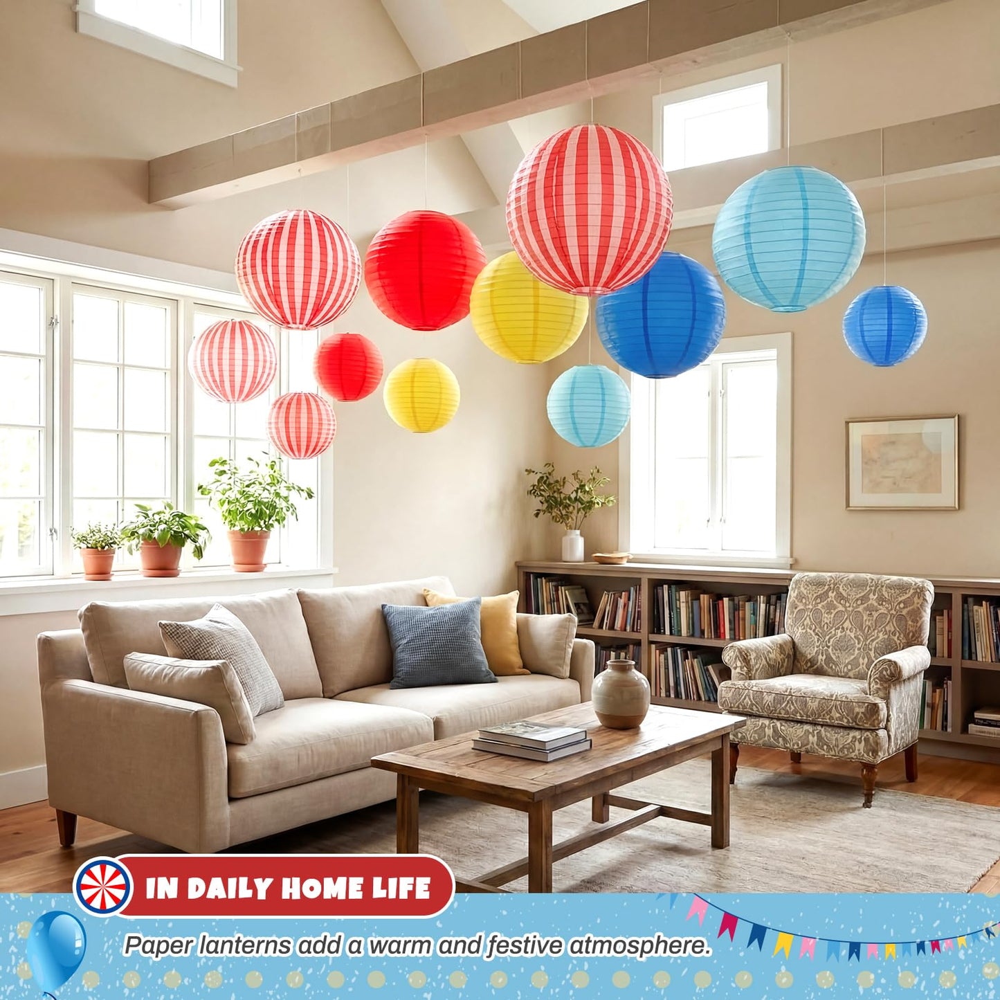 Hortsun 12 Pcs Carnival Circus Decorations Carnival Paper Lanterns Set Red Yellow and Blue Hanging Paper Lanterns for Circus Wedding Birthday Party Baby Shower Home Decoration