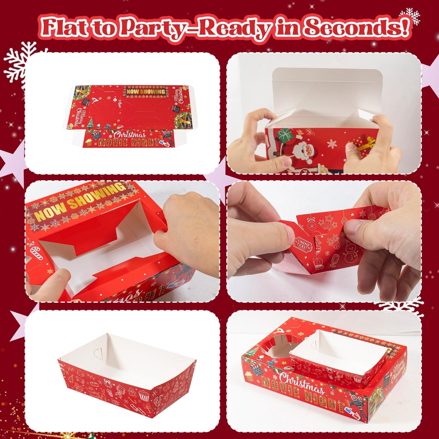 Rzoklot 48PCS Christmas Movie Night Party Supplies – 24 Snack Boxes, 12 Food Trays, 12 Popcorn Bags – Festive Disposable Snack Holders for Holiday Parties, Family Gatherings & Home Theater