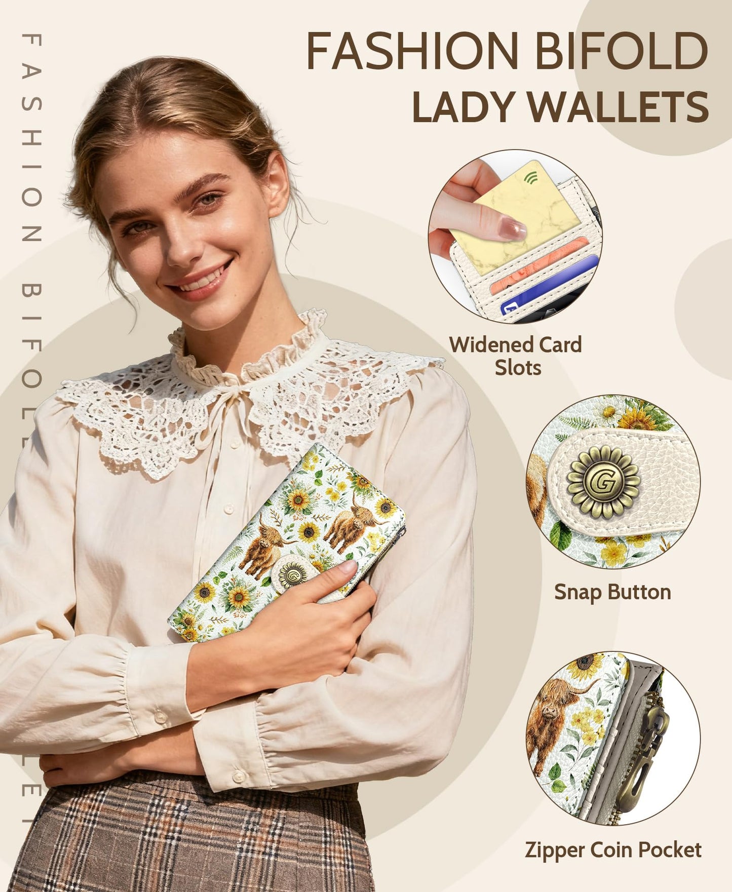 GIANCOMICS Highland Cow Womens Wallet RFID Blocking, Sunflower Credit Card Holder Bifold, PU Leather Travel Billfold, Long Cute Cash Purse, Zipper Coin Pocket Clutch, 11 Card Slot, Ladies Gift Woman