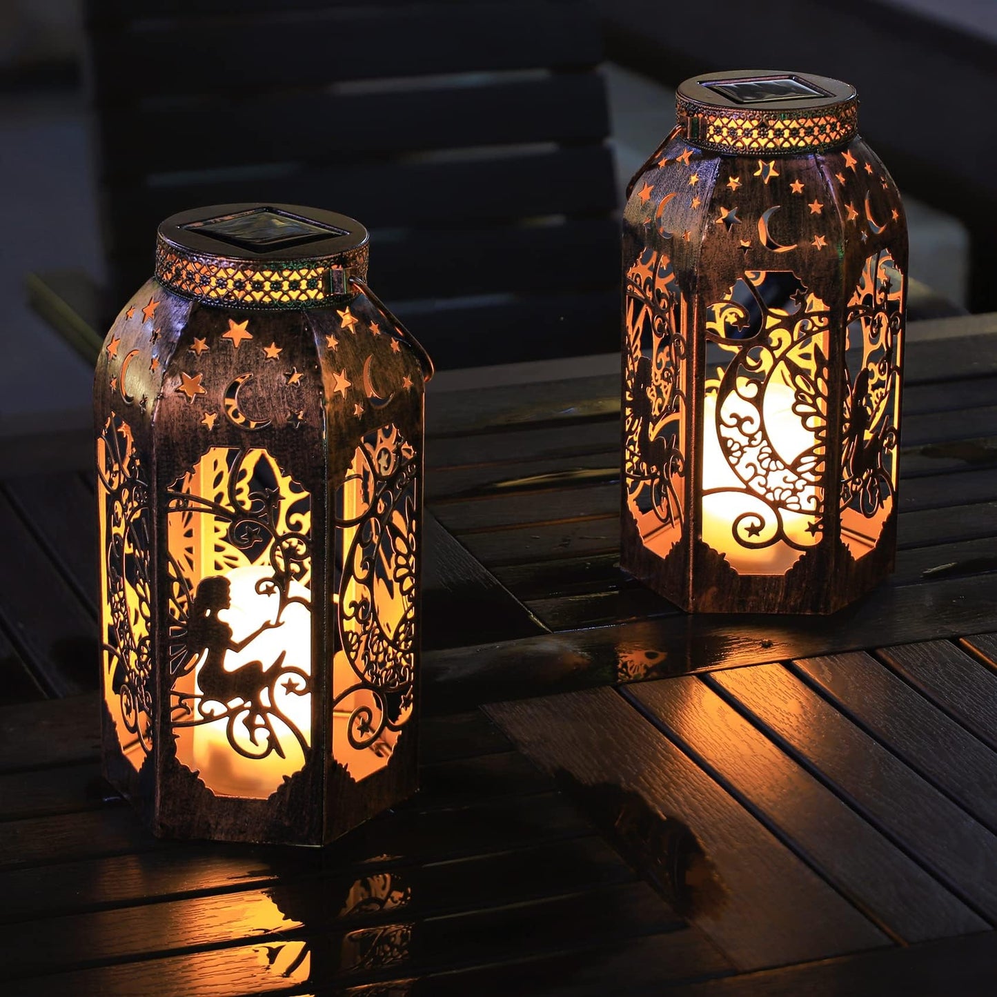 Singingarden Solar Lanterns Outdoor Garden Hanging Lantern Waterproof LED Metal Bronze Moon Fairy Lantern Waterproof Flickering Flameless Candle Mission Lights for Table,Patio,Mother's Day Gift(2Pack)