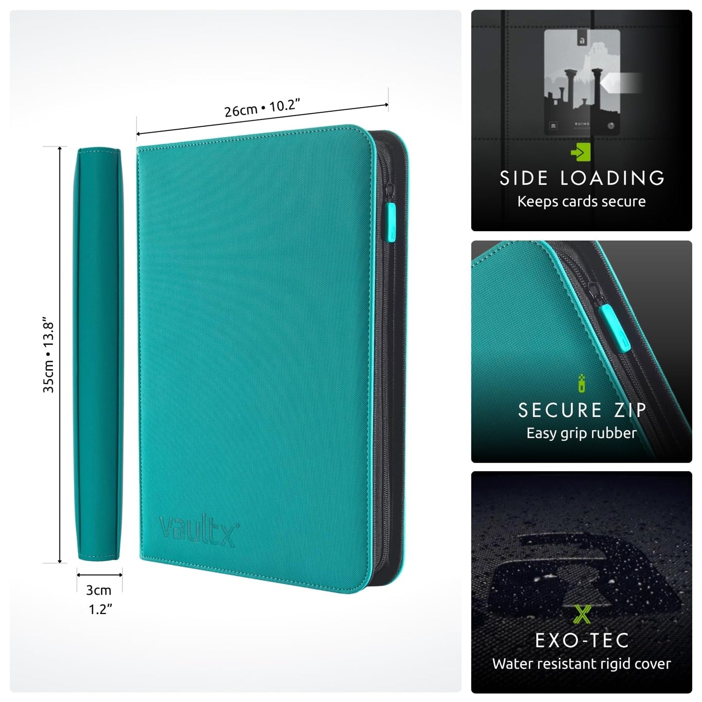 Vault X 9 Pocket Trading Card Zip Binder, 360 Cards, Premium Exo-Tec Album Material, 20 Side-Loading Pages, Folder for Collectible Games, Sports, TCG (Teal)