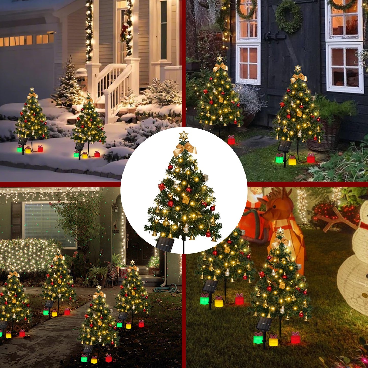 2 Pack Solar Mini Christmas Tree Decorations Lights, 30 Inch 8 Flashing Modes Waterproof Xmas Decor, 60 LED Lights with Ornaments 6 Gift Boxes for Yard Garden (2 Pack, Warm White Green Tree)