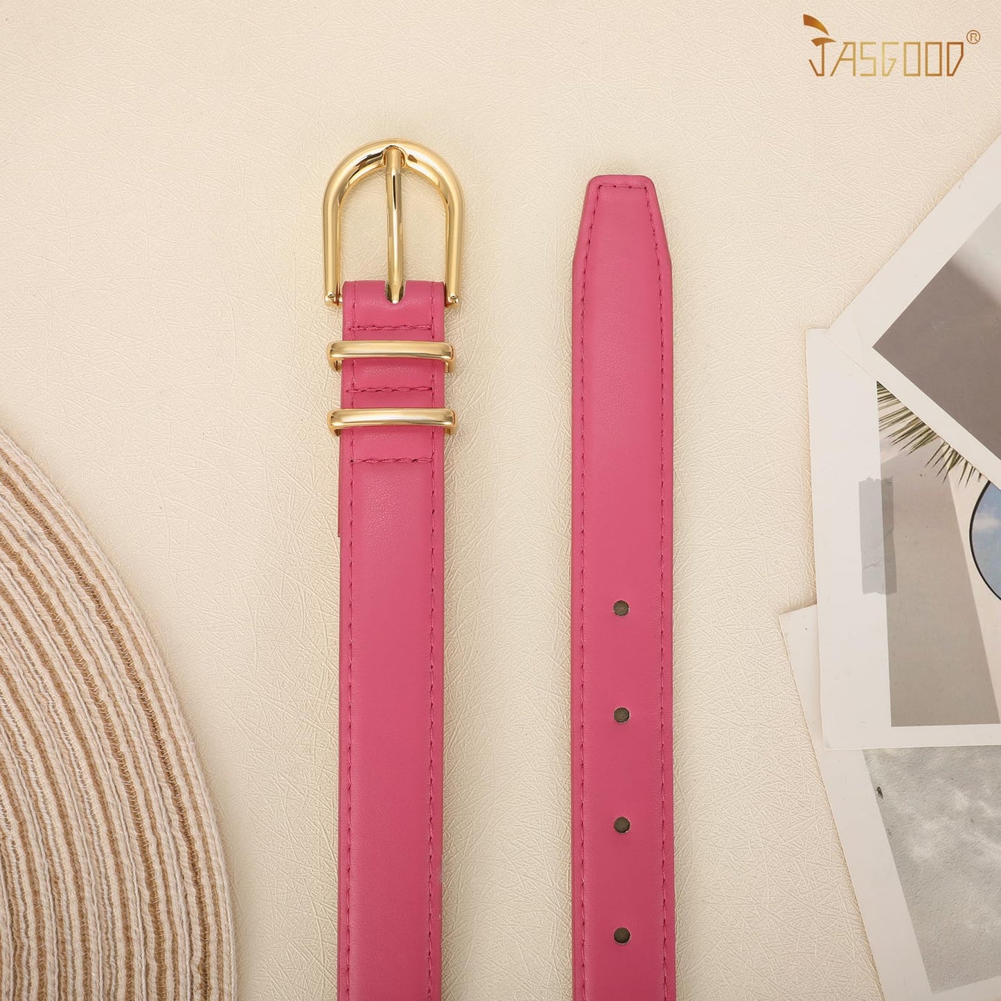 JASGOOD Women Leather Belt for Jeans Pants Fashion Ladies Skinny Dress Belt with Gold Single Prong Buckle,Rose Red