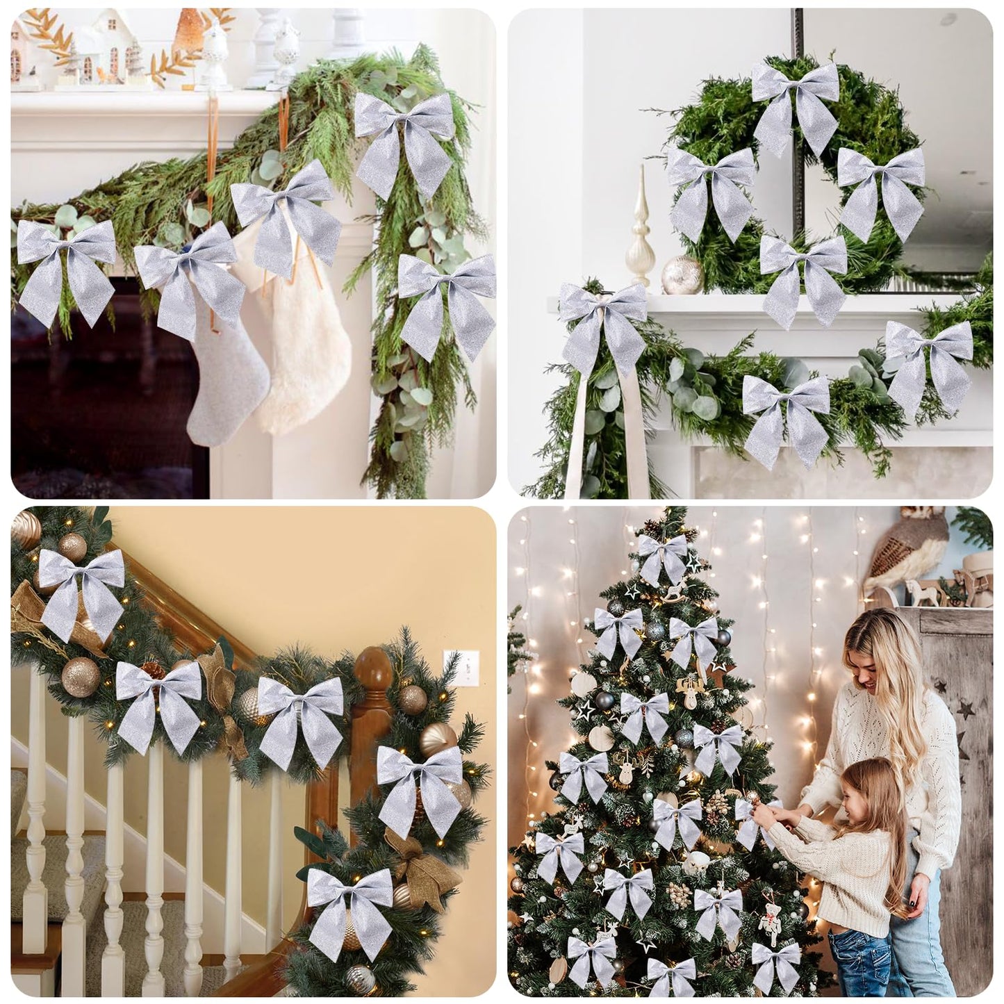 JOICEE 12 Pcs Glitter Ribbon Christmas Bows with Twist Ties,5.5 Inch Premade Metallic Xmas Bows for Christmas Trees Garland Wreath Gift Wrapping Decorations(Silver)