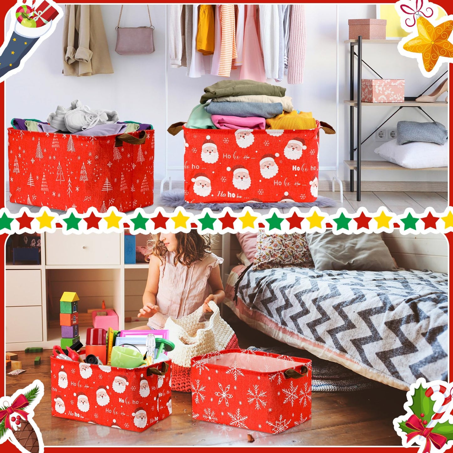 Layhit 3 Pcs Christmas Storage Bins Large Foldable Christmas Basket with Handles Xmas Tree Santa Snowflake Boxes Red white Fabric Collapsible Basket for Cloth Toy Book Ball Party Supplies