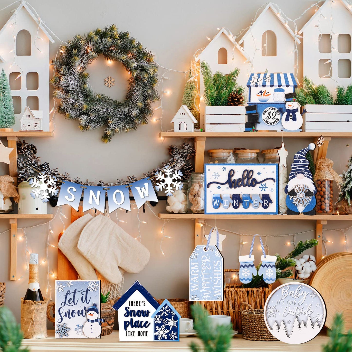 Kajaia 15 Pcs Winter Tiered Tray Decor Christmas Tiered Tray Decorations Set Snowman Snowflake Gingerbread Man Hot Cocoa Wooden Signs Farmhouse Winter Table Decorations(Snowflake)