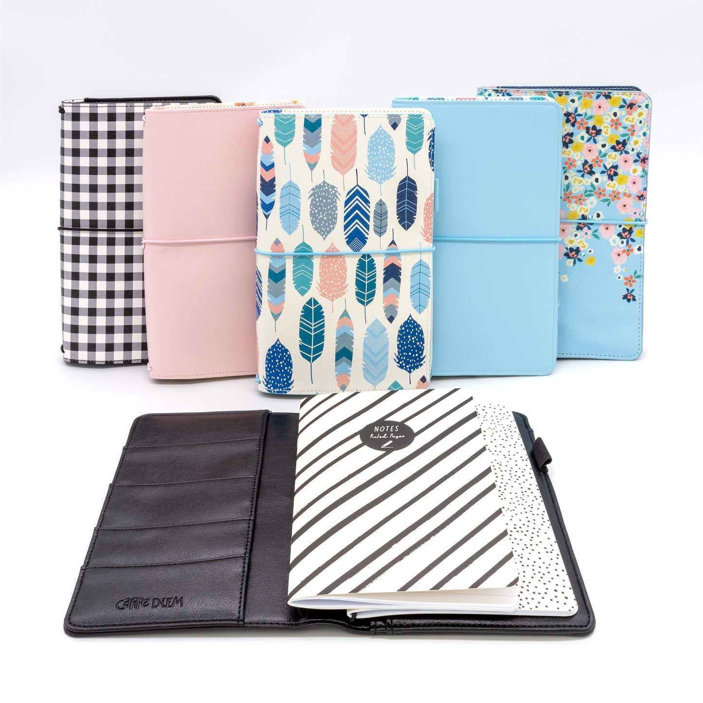 Pukka Pad, Carpe Diem Refillable Traveler’s Notebook Cover – Faux Leather Portfolio with Blank and Lined Notepads – Includes 6 Pockets, Pen Loop, and Elastic Closure – 8.5 x 5.5 Inches, Ballerina Pink