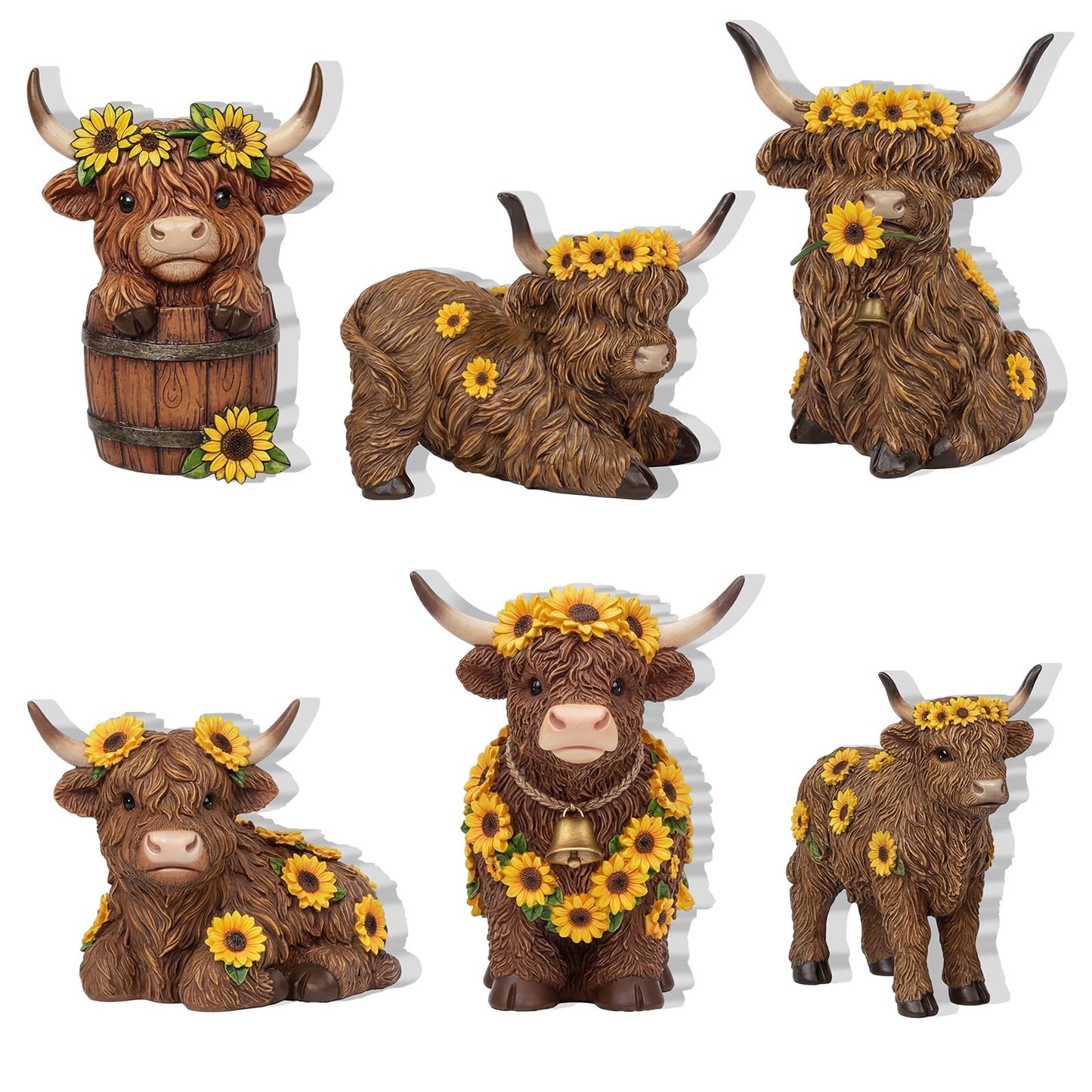 Tradder 6 Pcs Sunflower Highland Cow Table Decorations Spring Highland Cow Wooden Block Signs Farmhouse Table Centerpiece Rustic Tiered Tray Decor for Baby Shower Home Kitchen Office Desk