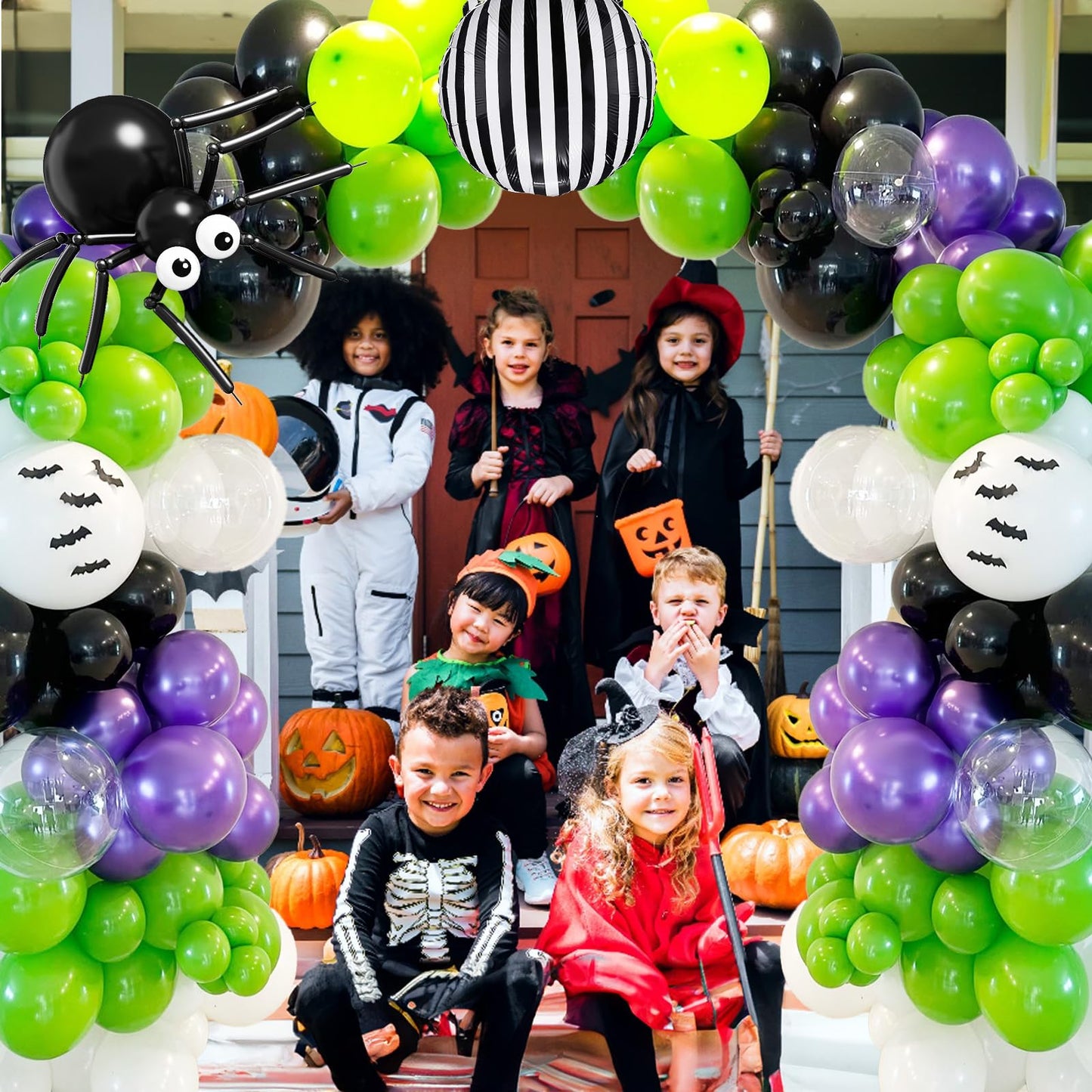 Halloween Balloons Garland Arch Kit, 120pcs Black White Green Purple Balloons, Metallic Purple Spider Striped Foil Balloon 3D Bat Stickers for Happy Halloween Birthday Haunted Theme Party Decorations