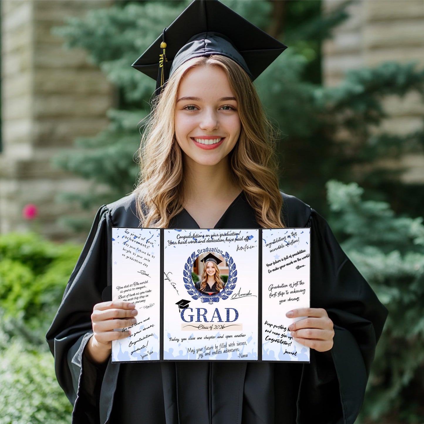 Forwe Graduation Guest Book 2026, Graduation Signature Board Sign in Book with Picture Frame for 4x6 Photo, Class of 2026 Graduation Party Decorations (Black&Blue)