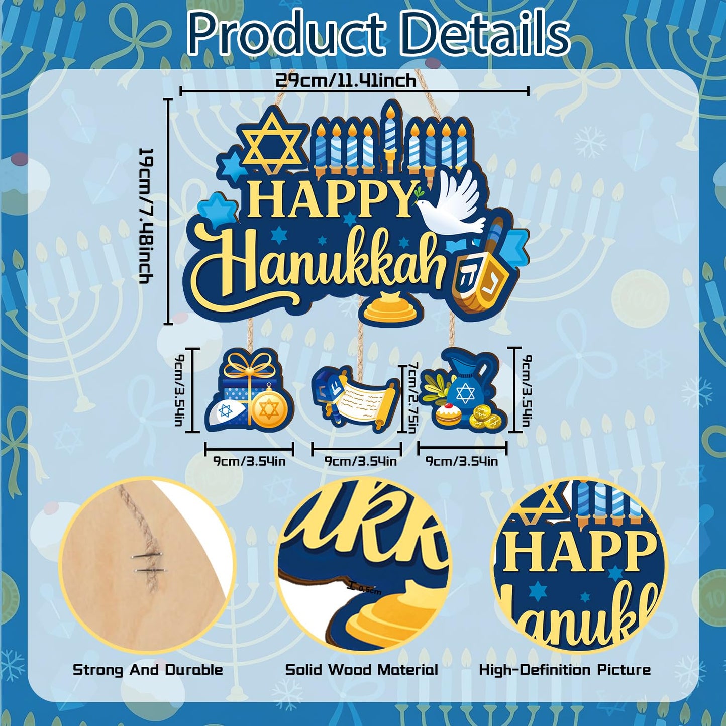 Aurlan Happy Hanukkah Door Sign,Hanukkah Wooden Wall Hanging,Jewish New Year Door Decor,Chanukah Wood Hanging,Chanukah Candlestick Wall Sign,Candle Pigeon Sufganiyot Decor for Porch Yard Home Room Office