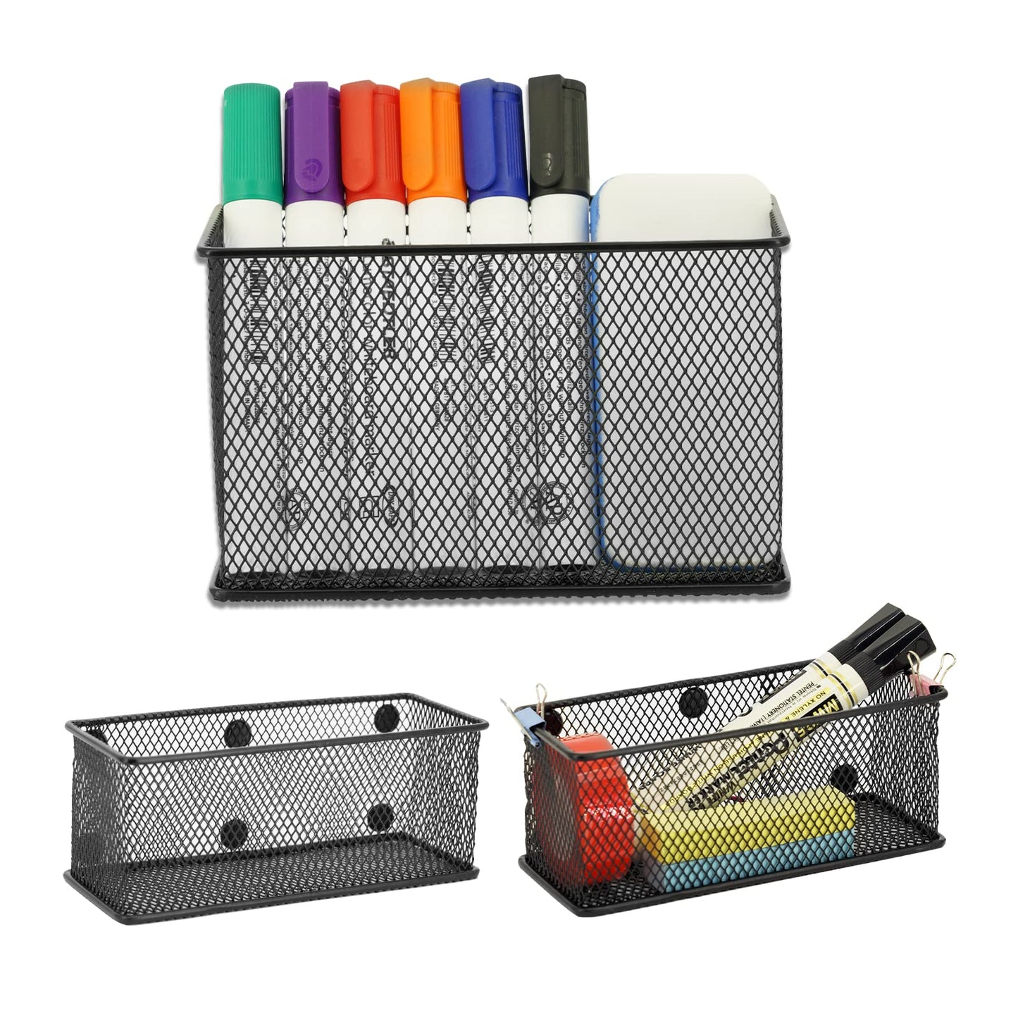 Neudeco Magnetic Locker Shelf Organizer, Pencil Holder, Metal Storage Basket for Whiteboard, Refrigerator, Ideal Cabinet for School, Black (Pack of 3)