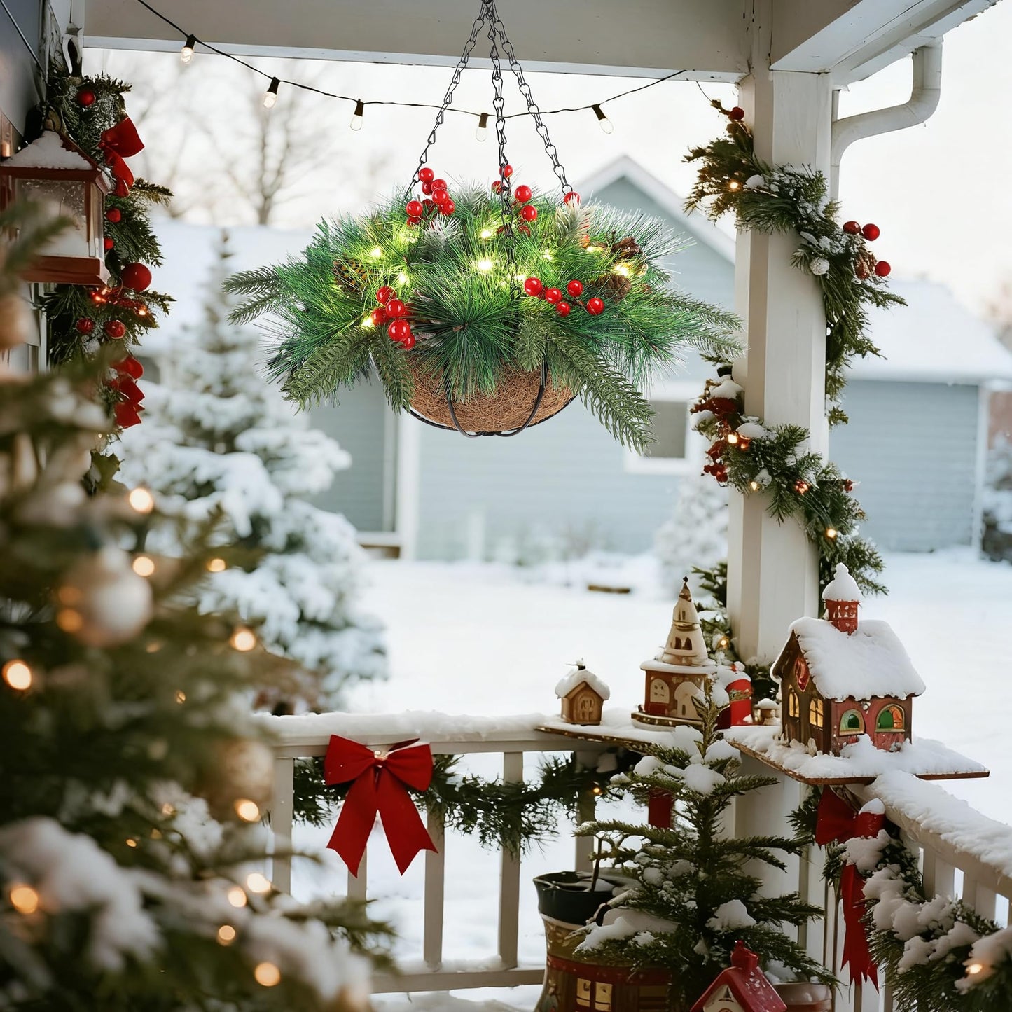 winemana Pre-Lit Artificial Christmas Hanging Basket Outdoor Decoration with Pine Cones & Red Berry Clusters, Battery Powered with Timer Lighted Branches Faux Plants for Outside Porch Front Door