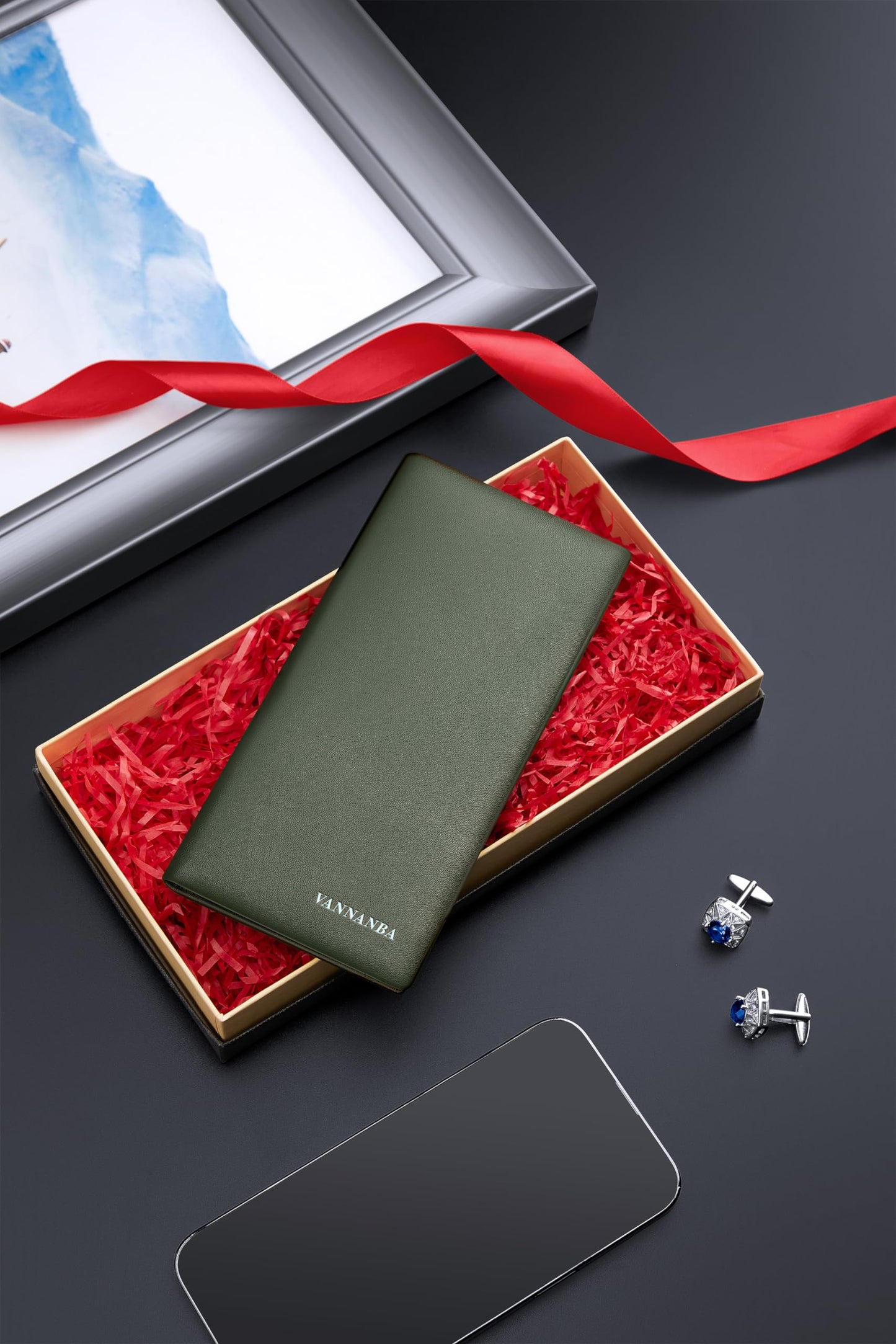 VANNANBA Full Grain Wallet for Men RFID Blocking Leather Checkbook Wallet,Slim Bifold Credit Card Holder with ID Window & Gift Box