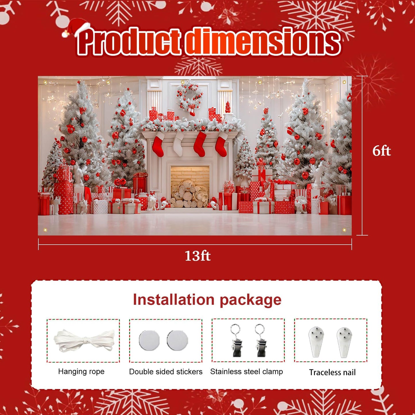 HOMETITUTE Christmas Garage Door Banner 13x6ft Red and White Fireplace Backdrop with Xmas Tree Stockings Gift Boxesand Lights Holiday Yard Wall Setting for Outdoor Party Setting Settingation
