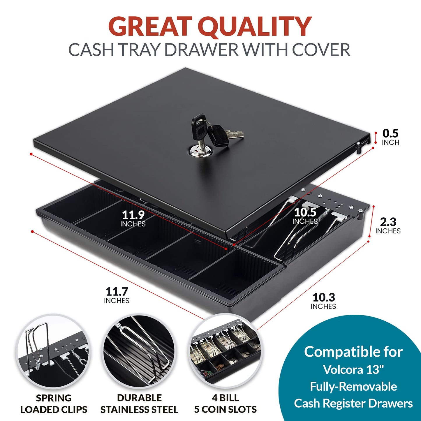 Volcora Cash Drawer Tray with Locking Cover - 11.7 x 10.3 x 2.3 Inch Metal Cash Lock Box with Lid - 4 Bill/5 Coin Money Organizer for Volocara 13" Fully-Removable Cash Drawers - For Business Use