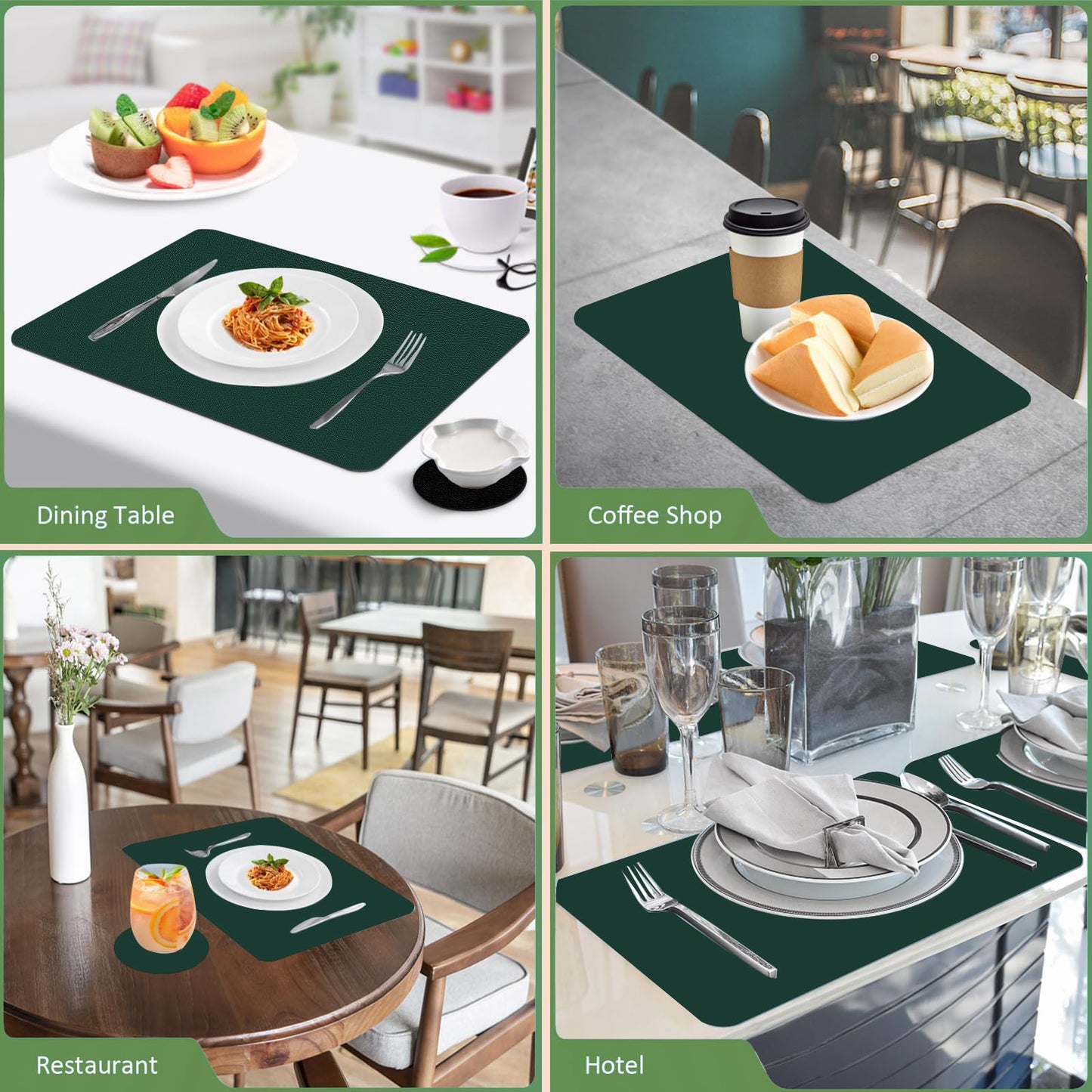 Keaixinyu Placemats and Coasters Set of 6, Waterproof、Oil-Proof Wipeable、Anti Slip PVC Leather Place Mats, Heat Resistant Reversible Table Mats for Kitchen, Dining, Outdoor 17’’×12’’, (Dark Green)