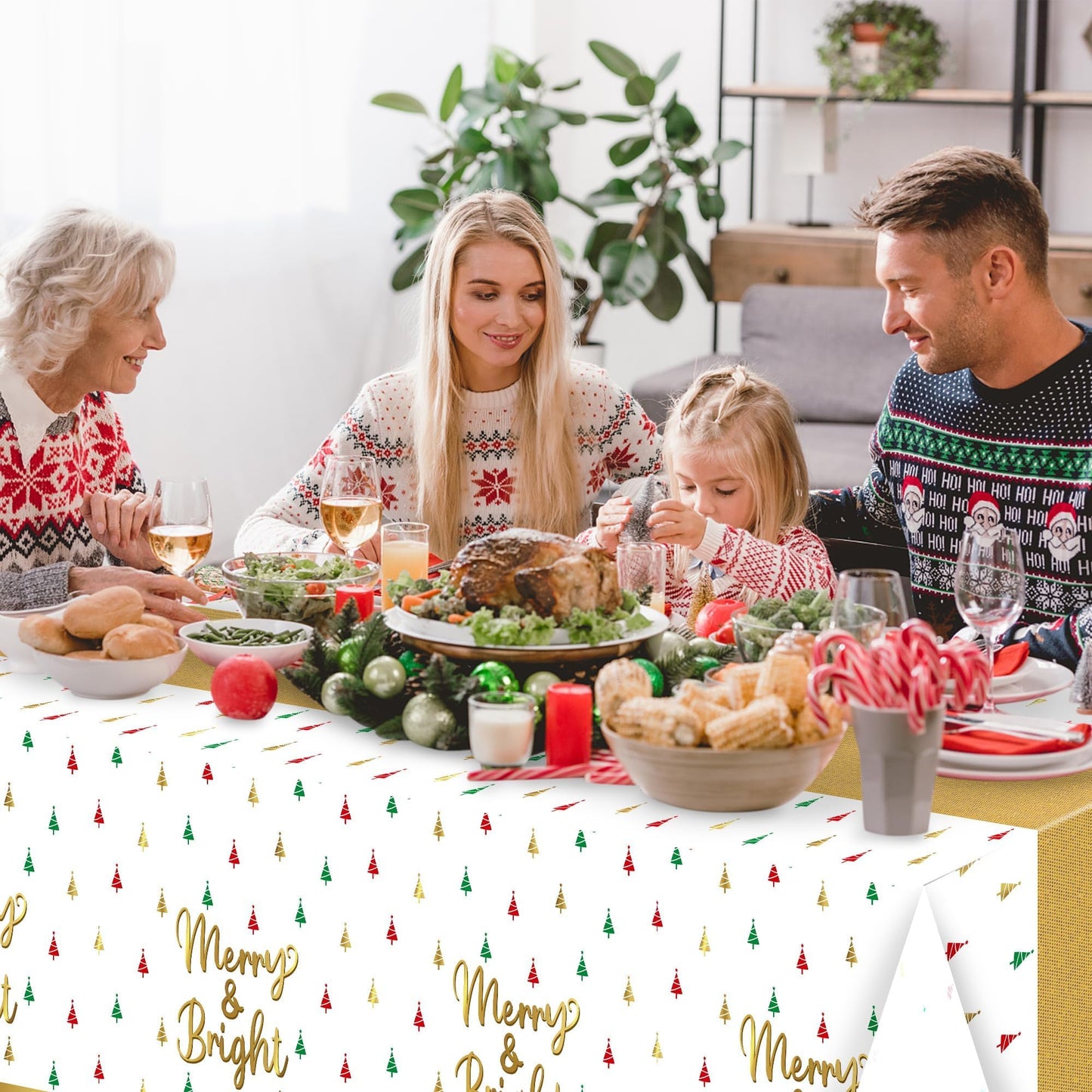 BkeeCten Christmas Winter Waterproof Tablecloths - 3 Packs Gold White Mini Christmas Tree Tablecloths Colorful Waterproof Table Cover Merry Bright Disposable Plastic Tablecloth Xmas Party Table Decor