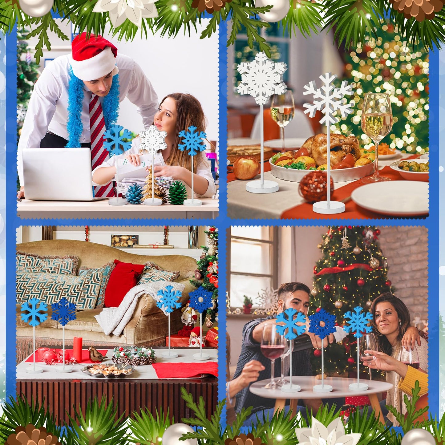 Wenqik 6 Pcs Winter Snowflake Table Decor Wooden Christmas Winter Snowflakes Table Centerpiece Standing Tabletop Sign Blue White Rustic Fireplace Home Decor for Party Decoration