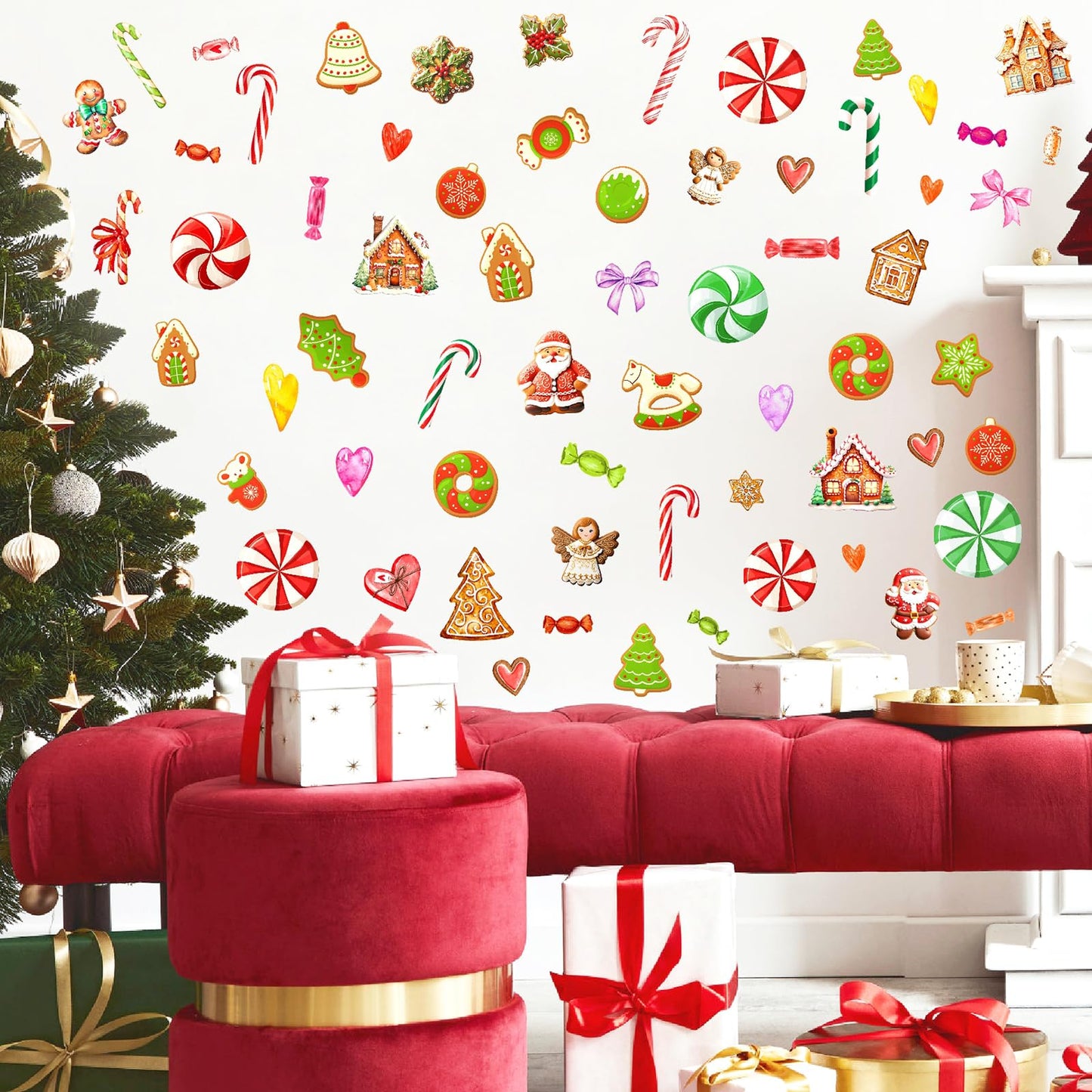 Christmas Ornaments Wall Decals Peel and Stick Christmas Candy Wall Stickers Removable Candy Cane Wall Stickers Peppermint Floor Decals Xmas Candyland Home Decor Holiday Party Decorations
