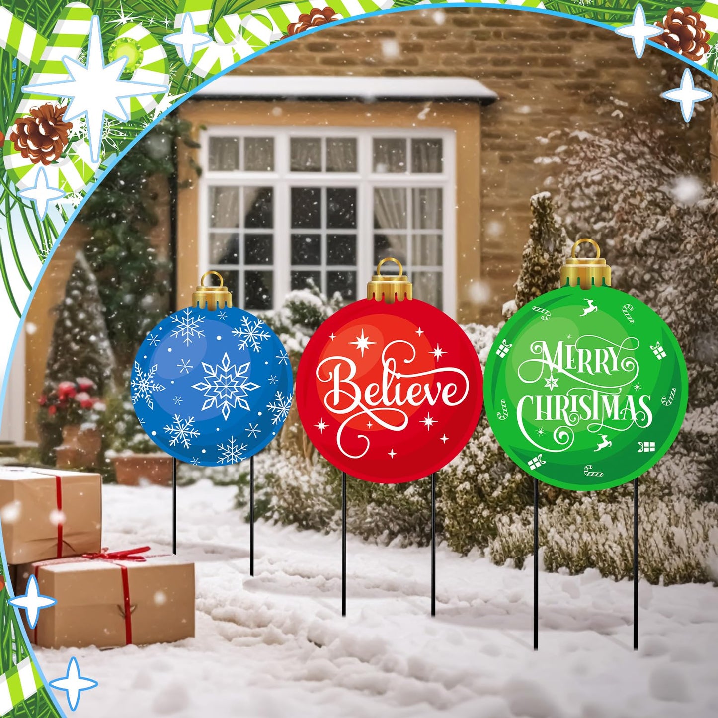 3 Pcs Metal Christmas Balls Yard Signs 20'' H Outdoor Waterproof Snowflake Believe Merry Christmas Yard Sign with Stakes for Outside Porch Patio Lawn Garden Pathway Xmas Holiday Winter Decoration