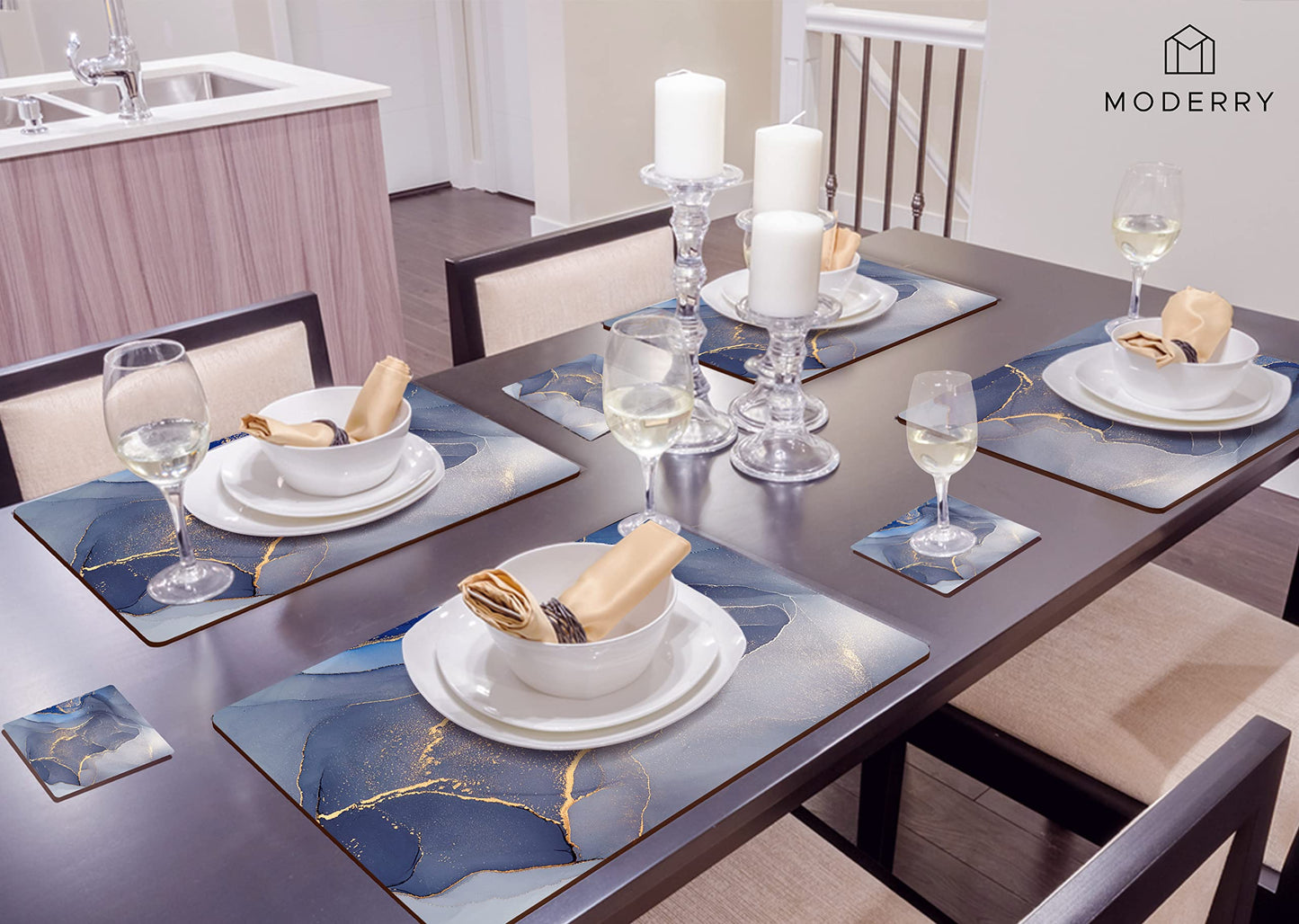 Moderry Set of 4 Heat Resistant Cork Placemats for Dining Table with Free Set of 4 Matching Drink Coasters Marble Design 16 x 12 Inches Cork Backed Hard Placemats (Blue & Gold)