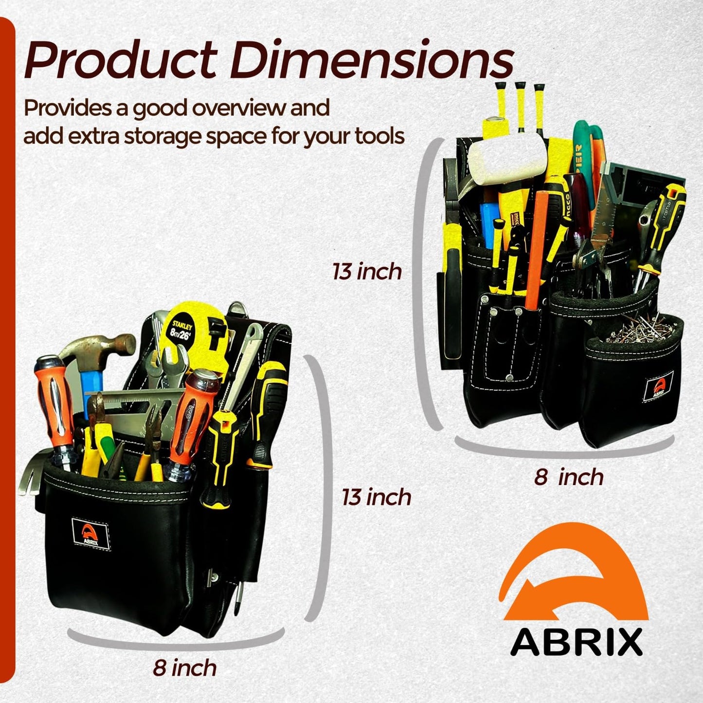 ABRIX Heavy Duty Tool Belt for Men – 4MM Thick Genuine Leather, Brass Buckle & Rivets | Foam Padded Comfort | 28-Pocket Carpenter & Framing Rig | Fits Waist 32 to 52 Inches | Professional Work Belt