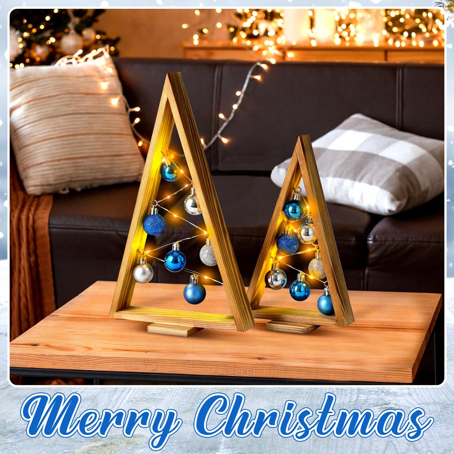 Hungdao 2 Pack Wooden Christmas Tree with Lights and Balls Modern Farmhouse Christmas Table Centerpiece Tabletop Decor for Winter Fireplace Mantle Shelf Home Decor(Blue, Silver)