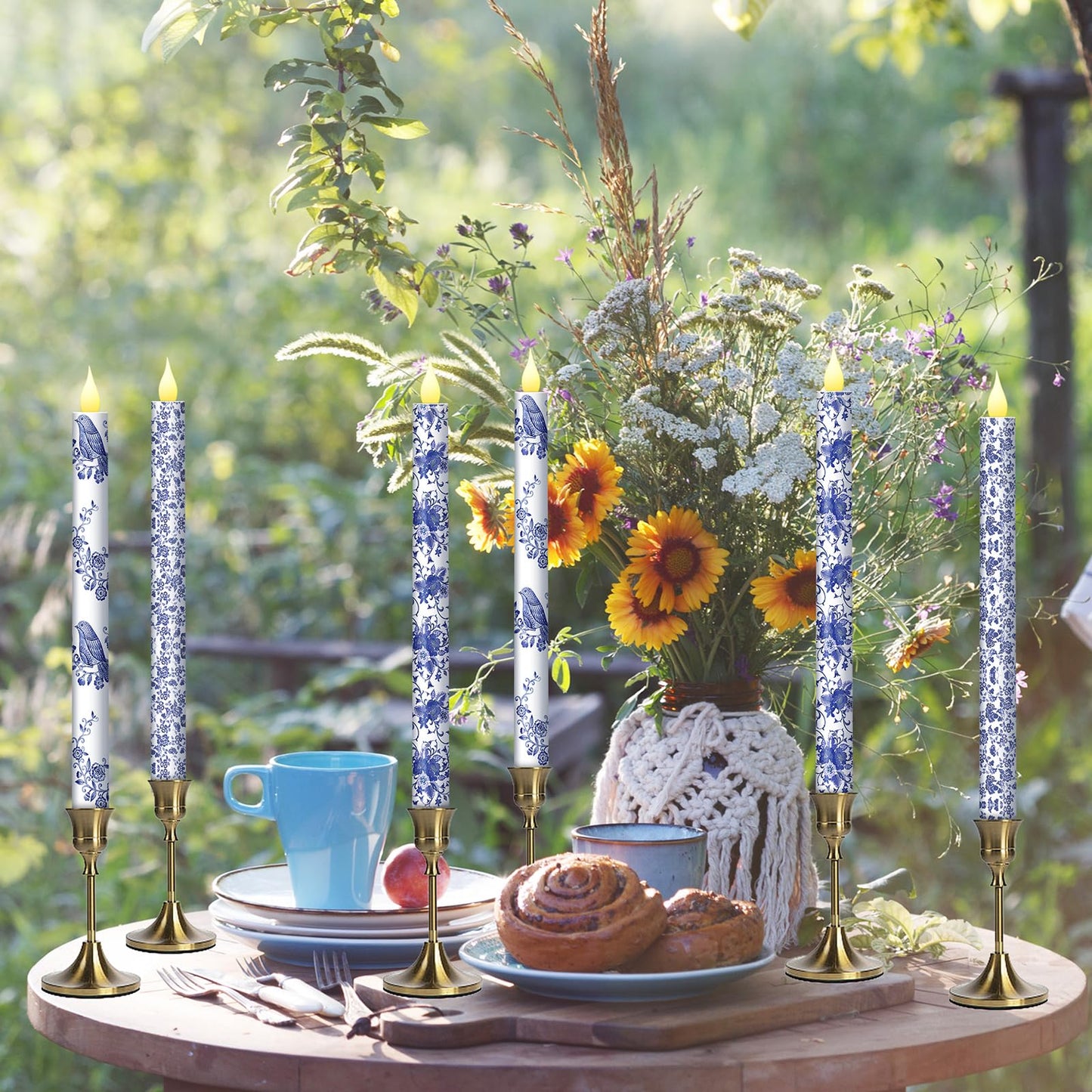 Baquler 6 Pcs Chinoiserie Flameless Candles Coastal Chinoiserie Bird Home Decor 10.6 Inch Blue and White Battery Operated LED Candlesticks for Holiday Wedding Party Summer Table Centerpiece