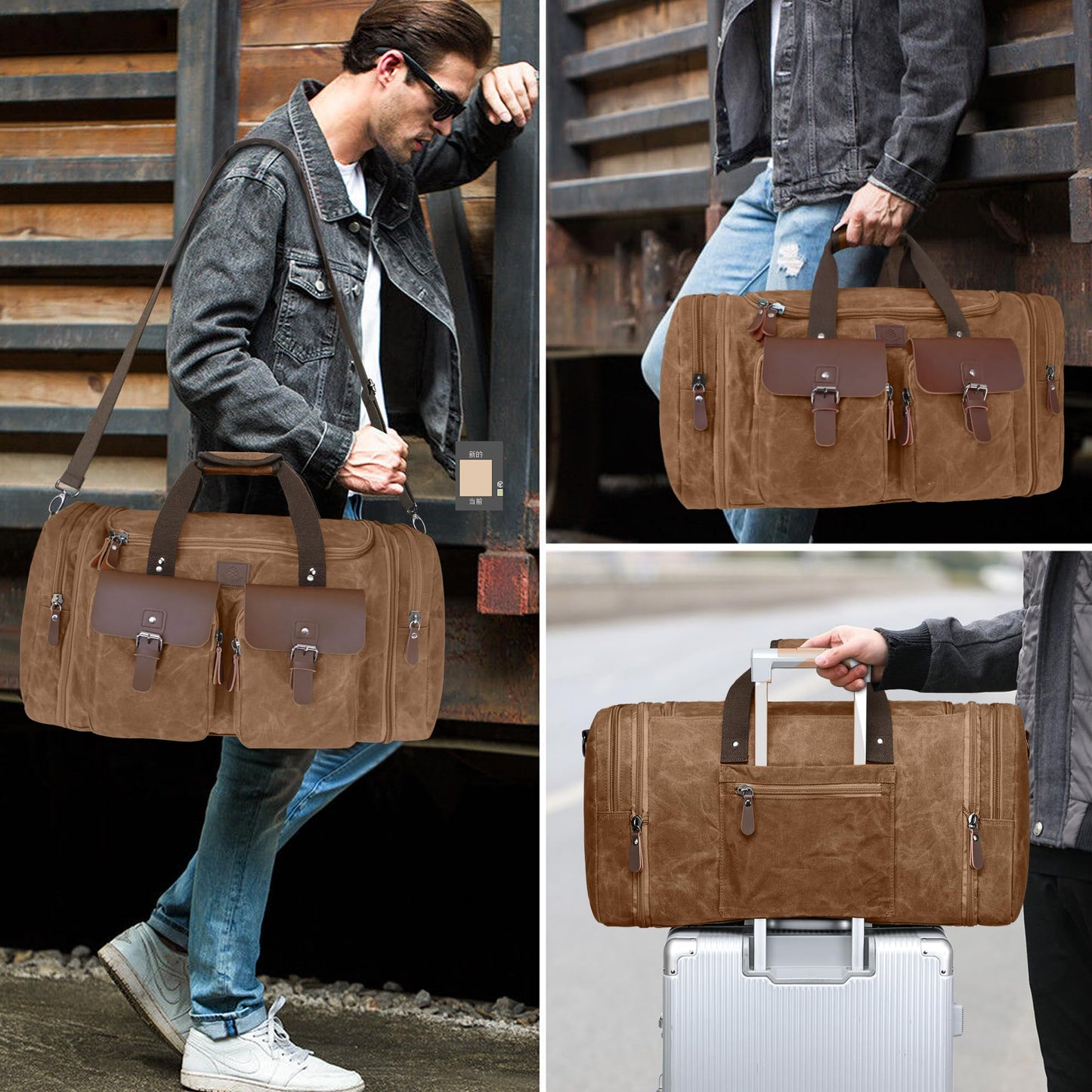 Densata Waxed Canvas Duffle Bag for Men 50L Travel Duffel Bags Expandable Genuine Leather Duffel Overnight Weekender Carry On Bag Two Zipper Pockets Travel Bag (Vintage Dark Brown, Large-50L)