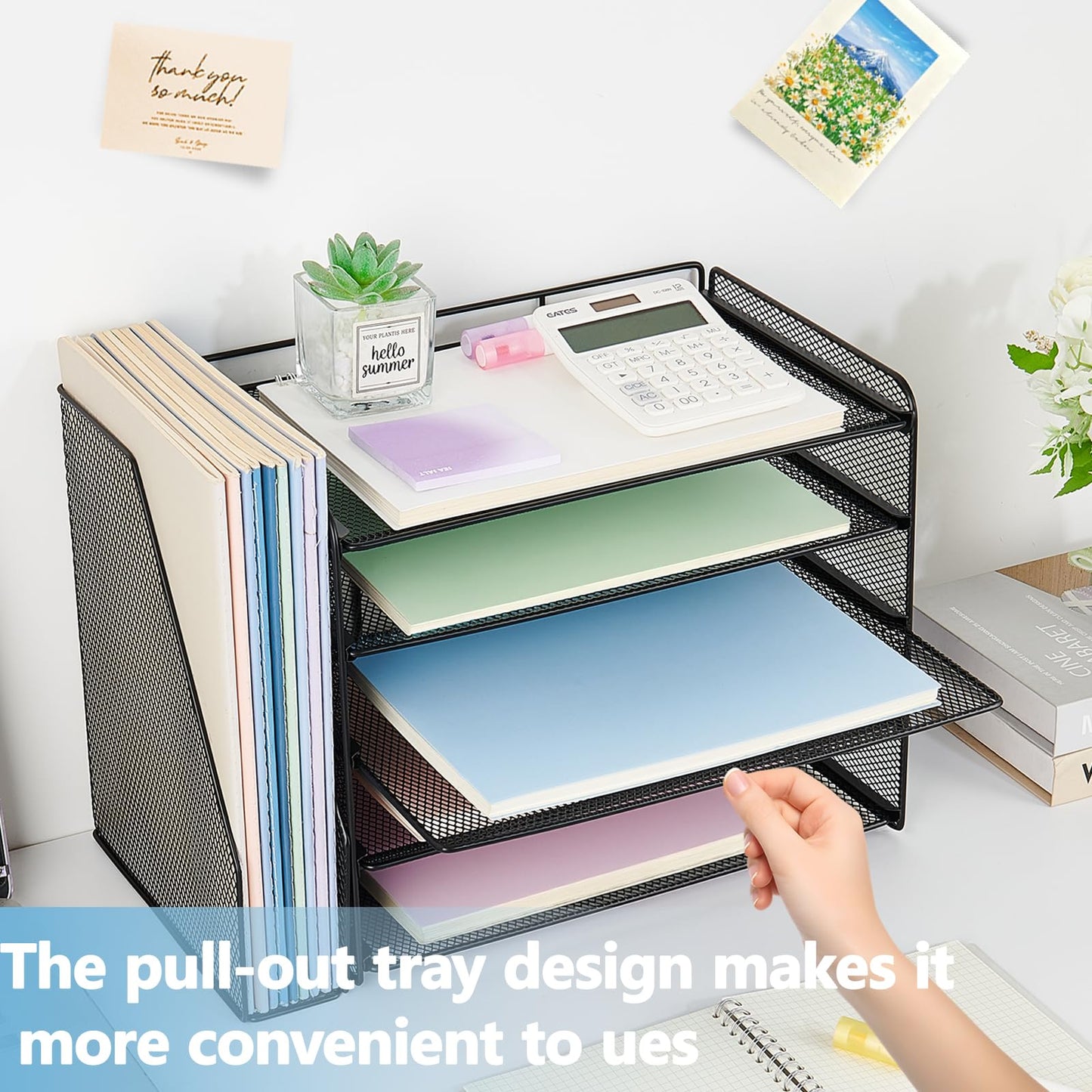 OPNICE Desk Organizer, 5-Tier Paper Organizer Letter Tray with Magazine Holder, Office Desk Accessories & Workspace Organizers, Desktop File Organizer for Office Supplies Storage, Black