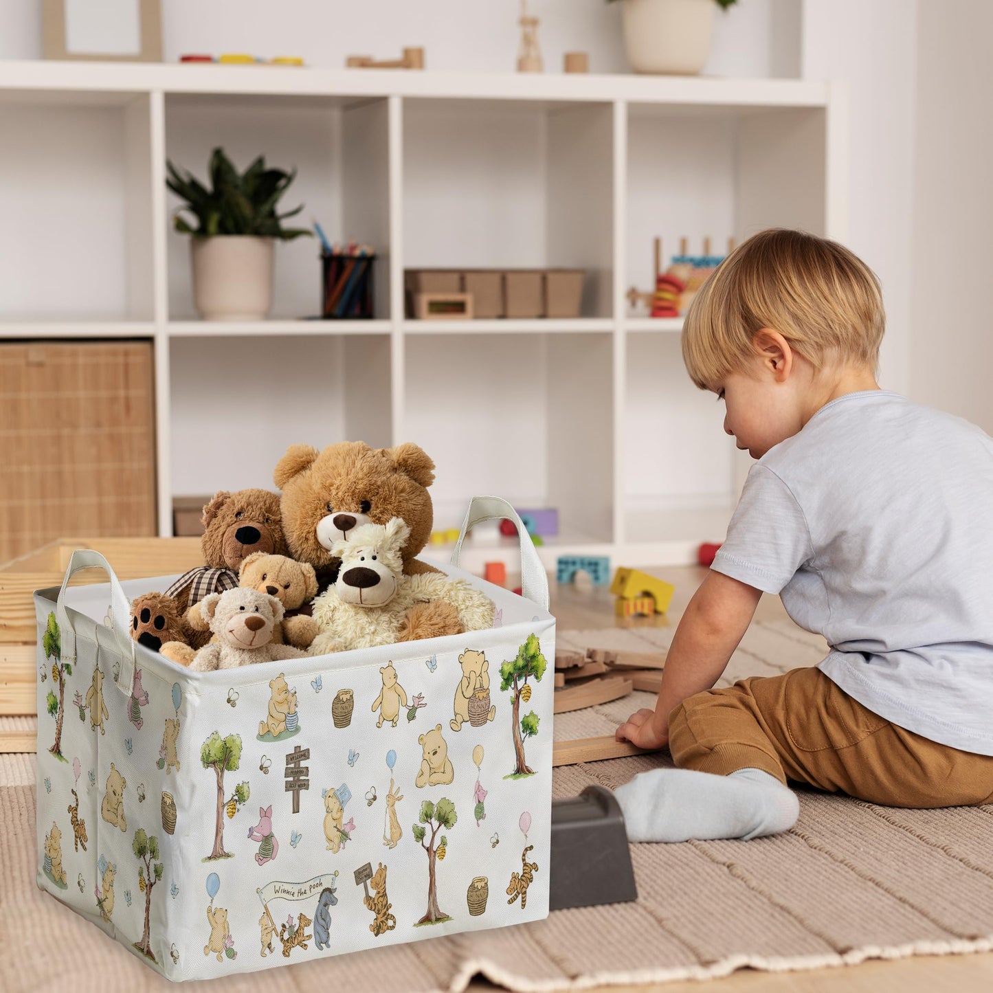 ZsaTuiy Winnie Storage Nursery Basket,Large squarecanvas Laundry Hamper WithWinnie baby Stuff A Waterproof PECoating, Foldable, Bathroom and Bedroom SetClothes ,Toys Bin, Baby Nursery HamperDecor