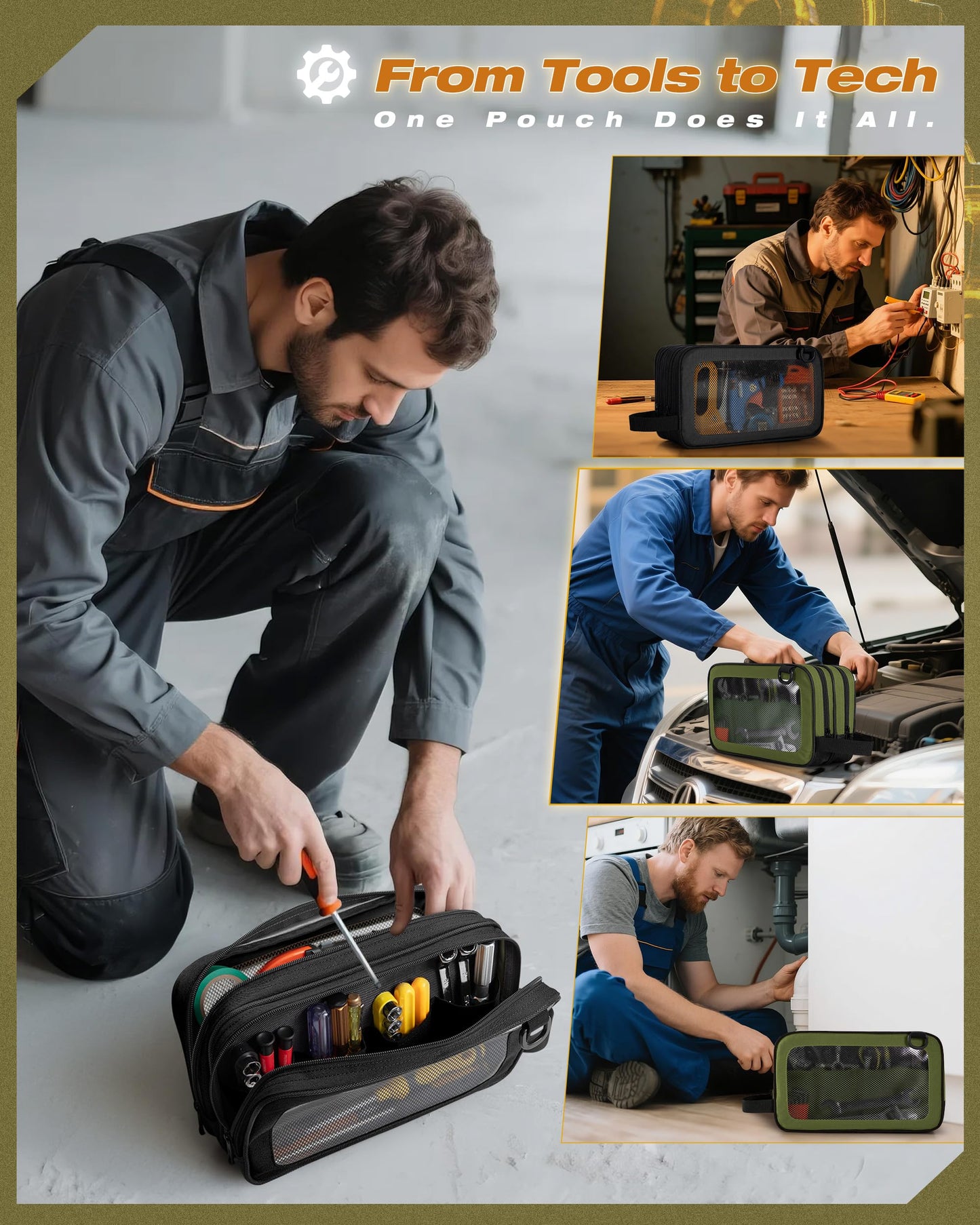 Marscamd 2 Pack Tool Pouch with Dual Compartments, 12” Tool Bag with Detachable Shoulder Strap, Carry Handle and Translucent Window, Black/Green